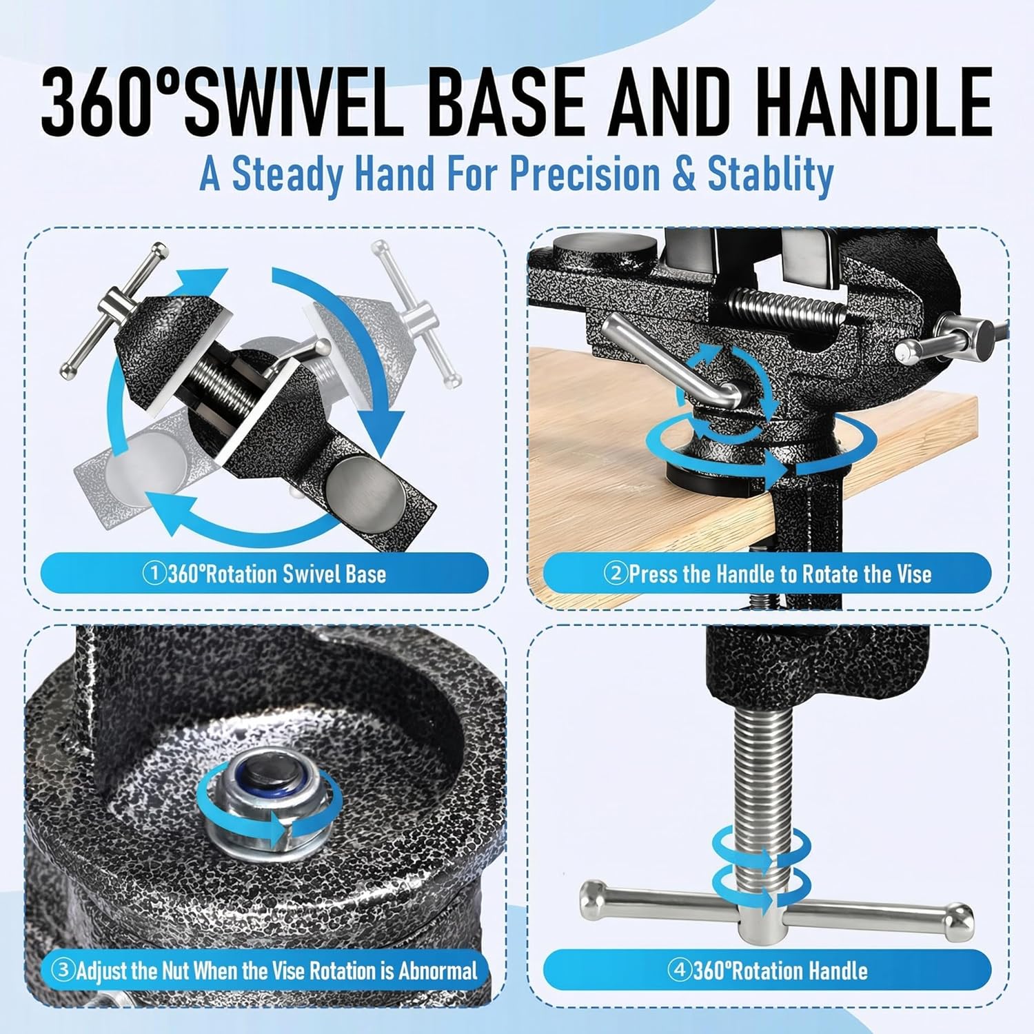 Small Bench Vise 3.2" Clamp-On, Light Duty Hobby Vise with 360° Swivel Base, Portable Table Vise for DIY, Craft, Jewelry, Model Making (Light Duty Workbench Use)