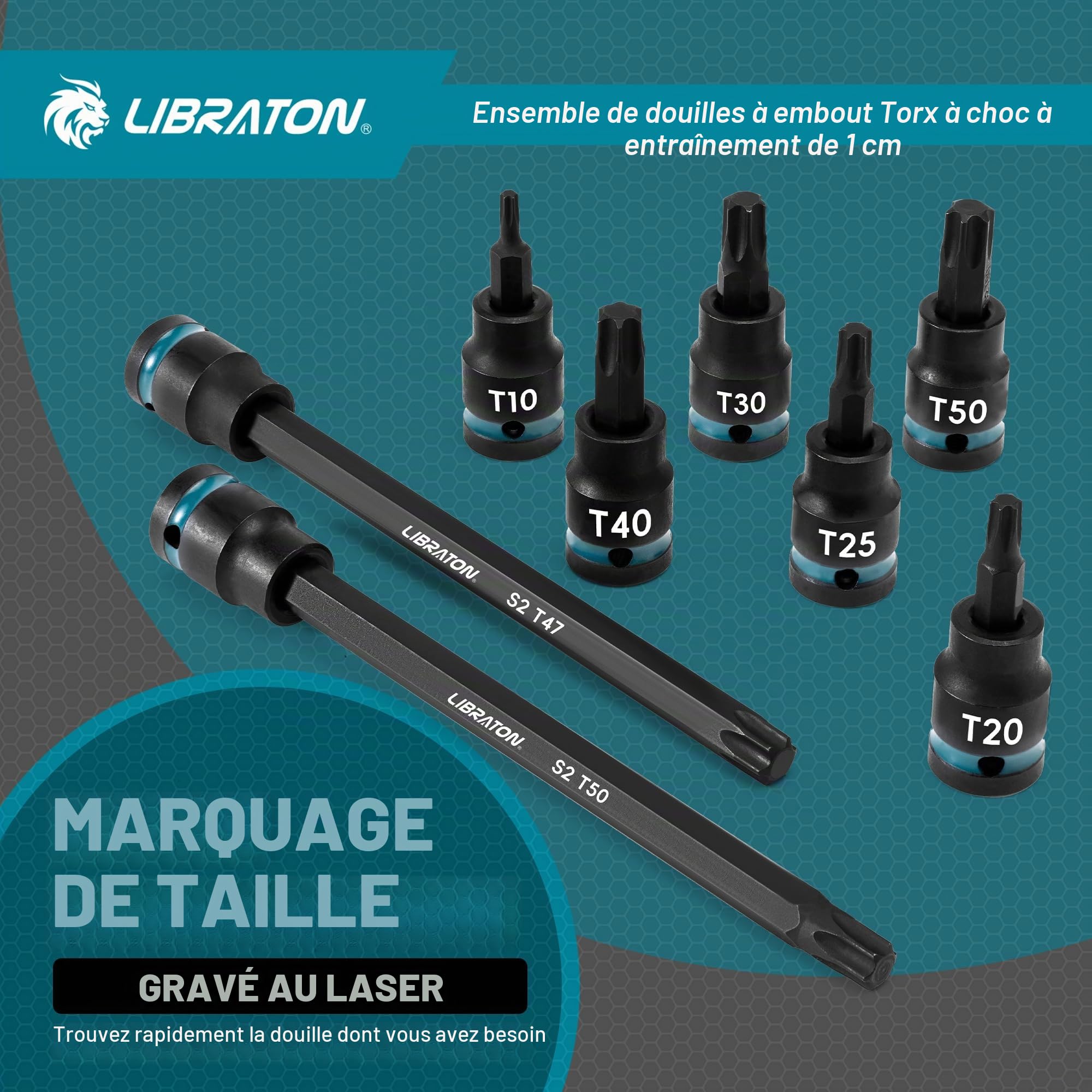 LIBRATON Clé à Douille Embouts Torx Entraînement 3/8" Extra Longue | Douilles à Impact en Acier Allié S2, 24 Pièces Douilles Torx d'embouts, T10-T60, Douille Étoile Long de 2" et 6"