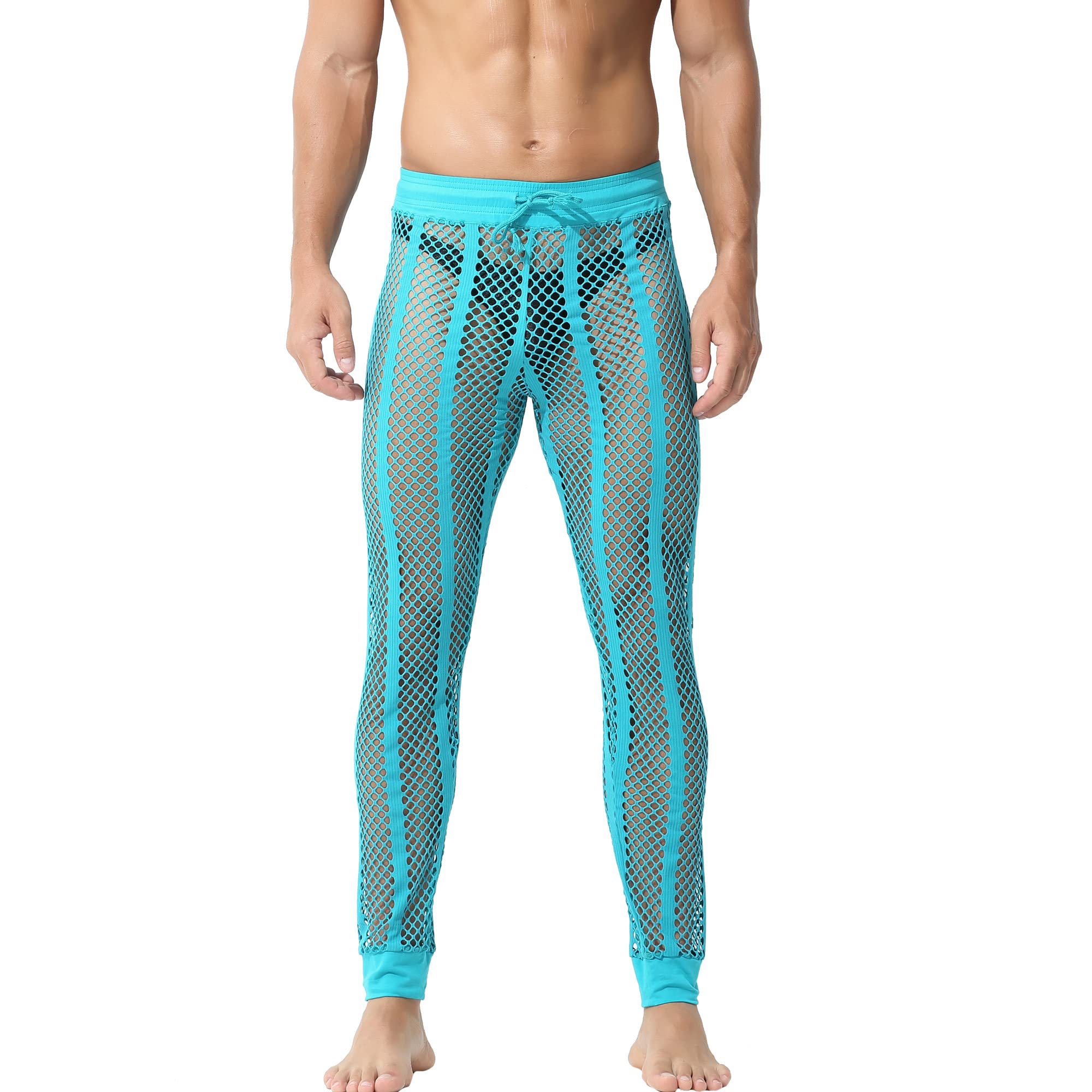 YOOBNG Men's Mesh Fishnet See Through Pants Hollow Drawstring Lounge Long Pants Pajamas Bottoms Sleep Underwear