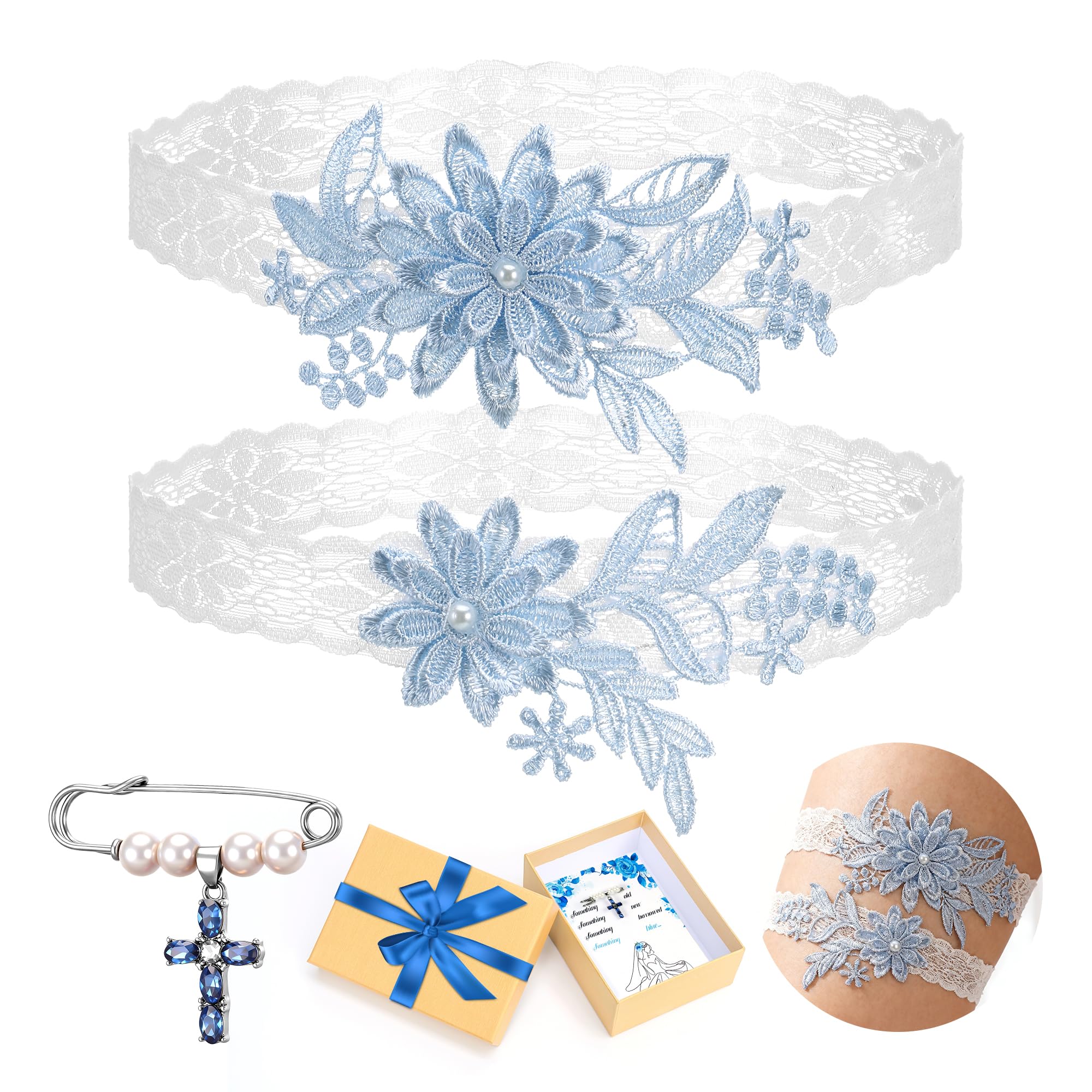 Blue Garters for Brides Set, 2 Pcs Wedding Garters Lace Thigh Garter with Cross Brooch Card, Elastic Leg Garter Fits 16-23 Inch, Bridal Garter Something Blue Accessories for Bride Wedding Garter Belt