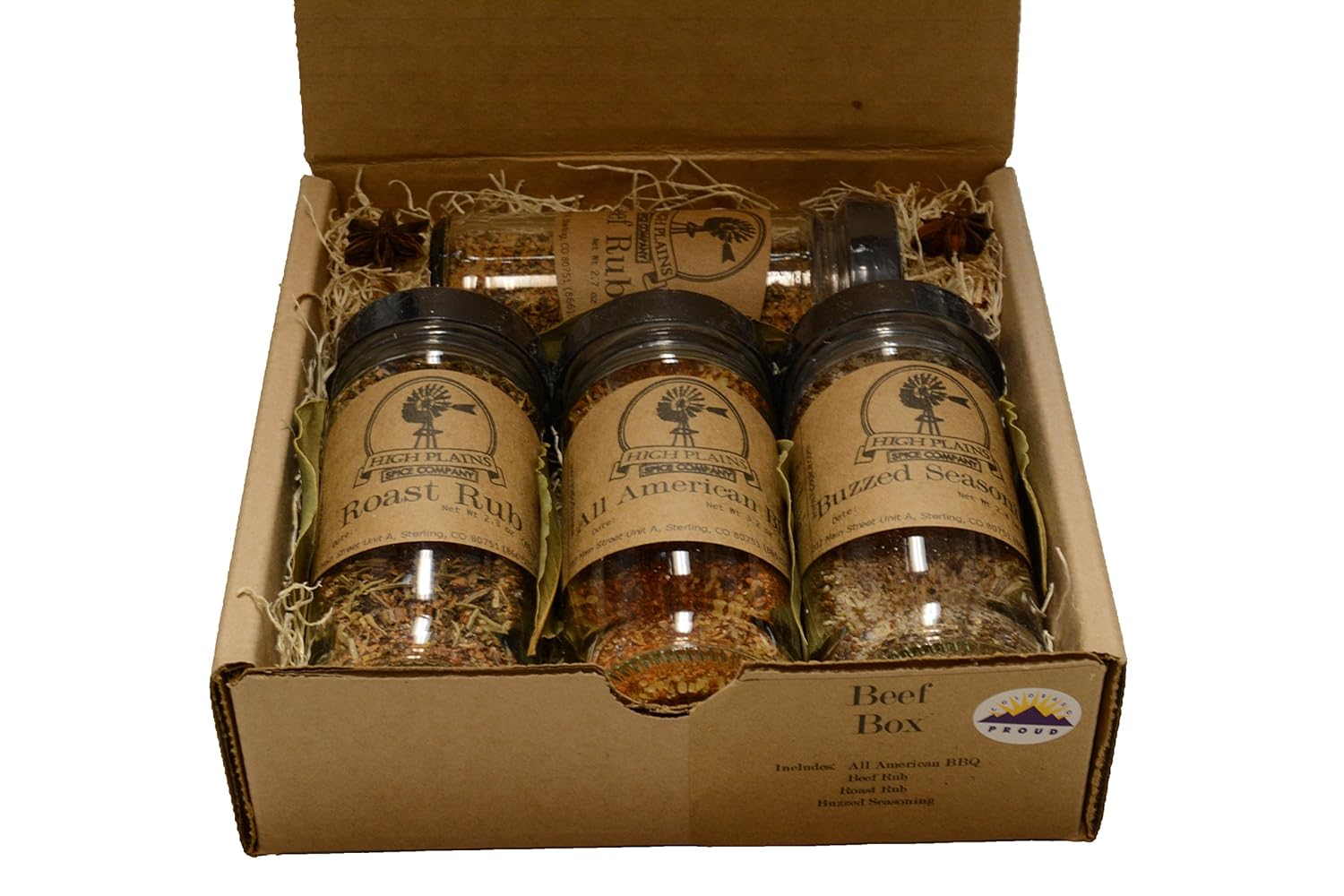 Beef Box Gift Set of 4 ~ Gift Set by High Plains Spice Company ~ Gourmet Meat and Veggie Spice Blends & Rubs For Beef, Chicken, Veggies & All Recipes ~ Spice Blends Handcrafted In Colorado, USA