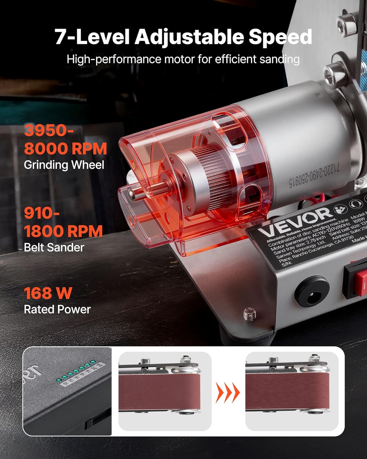 VEVOR 3-in-1 Mini Belt Sander, 13" x 1.2" Sanding Belt, 2.75" Grinding & Polishing Wheel Combo, 7-Speed Adjustable with Forward/Reverse Control for Woodworking, Jewelry Making, Knife Sharpening