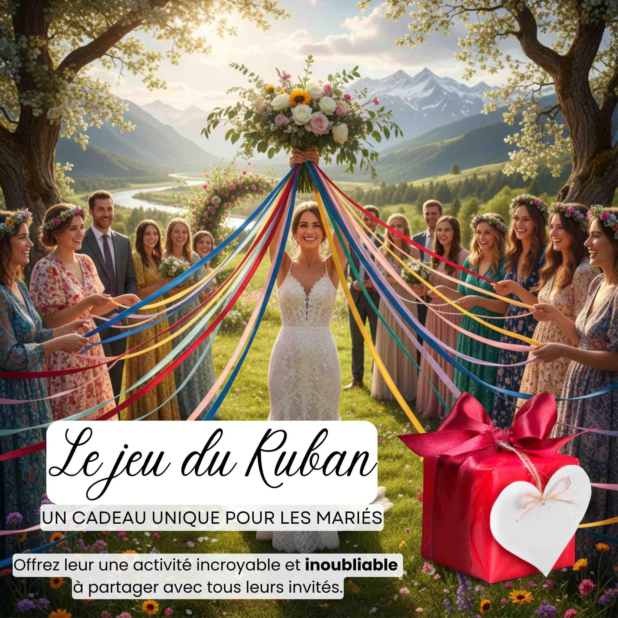 Ronde des rubans-Jeu du ruban mariage- A MONTER-Ruban satin-Cadeau mariée-Décoration fête-Bouquet de la mariée- 20 ruban-10 couleurs-Anneau Bois inclus-Idée cadeau EVJF