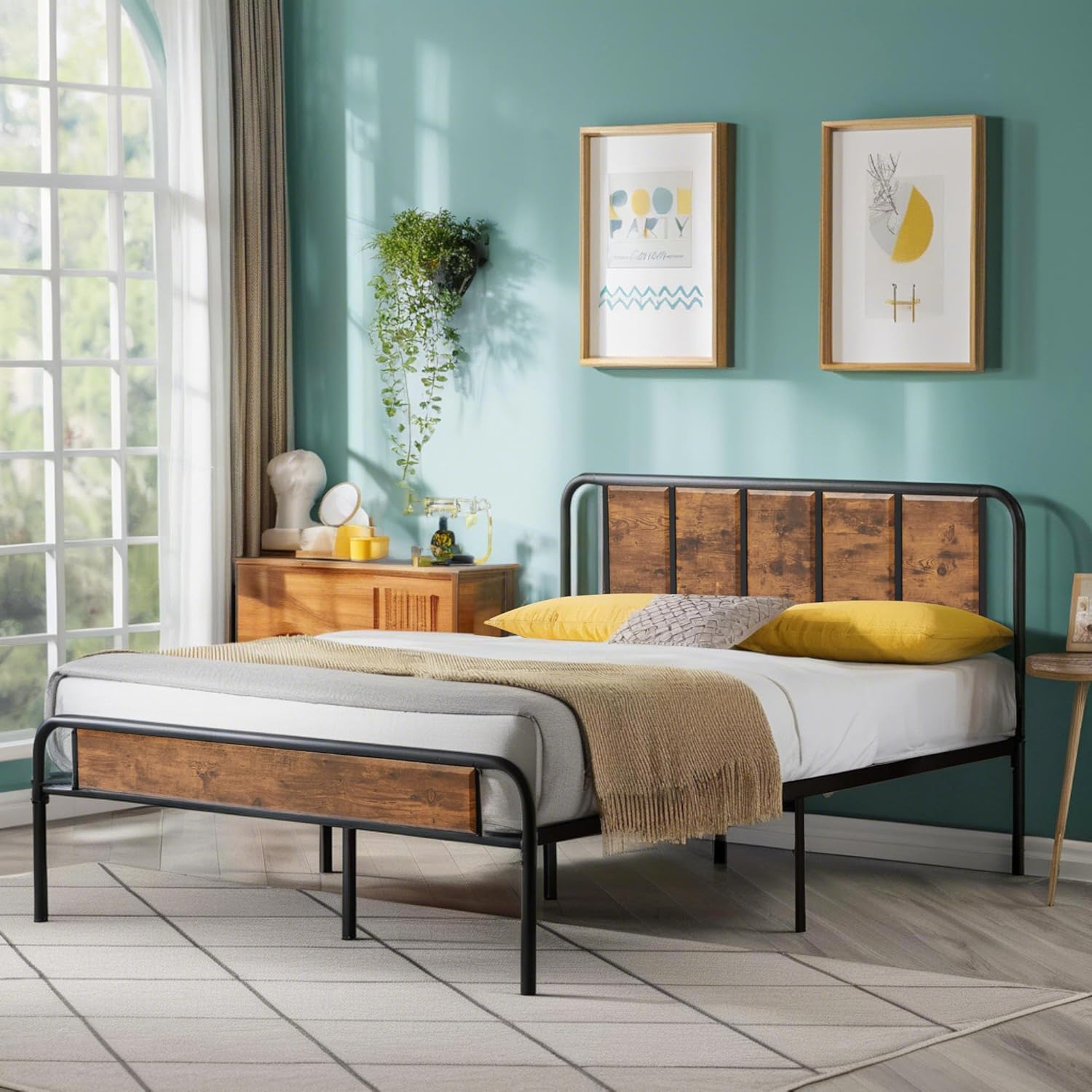 VECELO Queen Size Platform Bed Frame with Wooden Headboard,Sturdy Steel Slats Support/Matress Foudation/No Box Spring Needed(Brown)