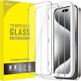 JETech Película de Vidro Temperado para iPhone 15 Pro 6,1 Polegadas, Protetor de Tela com Ferramenta, Compatível com Capa, HD Claro, Pacote de 3 Unidades