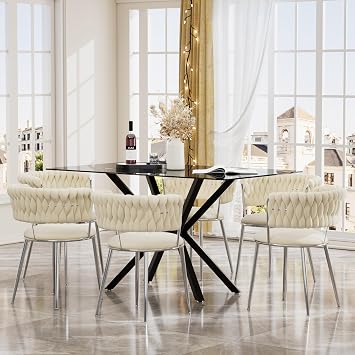 47 Black Glass Dining Table Set for 6, Modern Minimalism Kitchen Table Set & 6 Beige Silver Velvet Dining Chairs, 7-Piece Dinner Table Set for Home Apartment, Easy Assemble