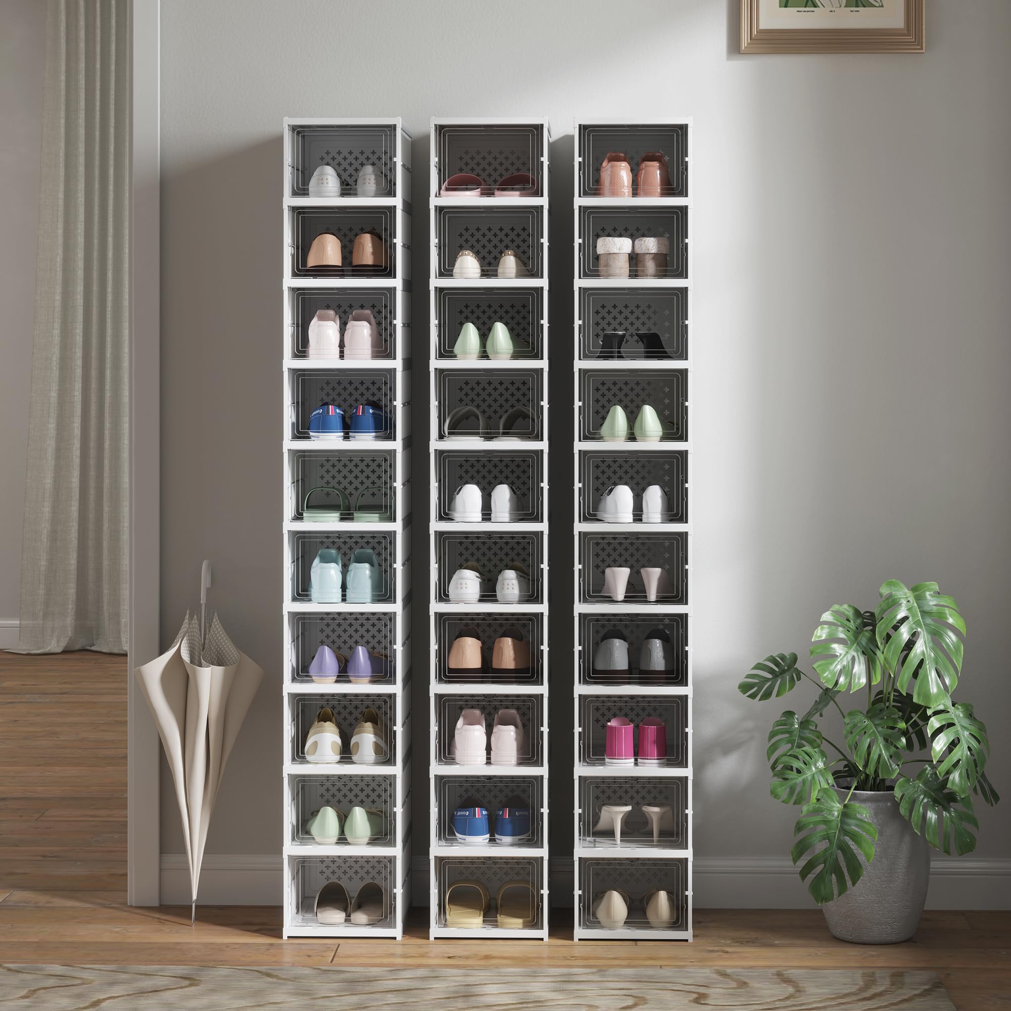 HOMCOM 10 Pack Organizador Zapatos Pleg. Plást. Talla 10 US Blanco | Sin montaje, caja apilable para zapatos, puerta transparente, ahorra espacio
