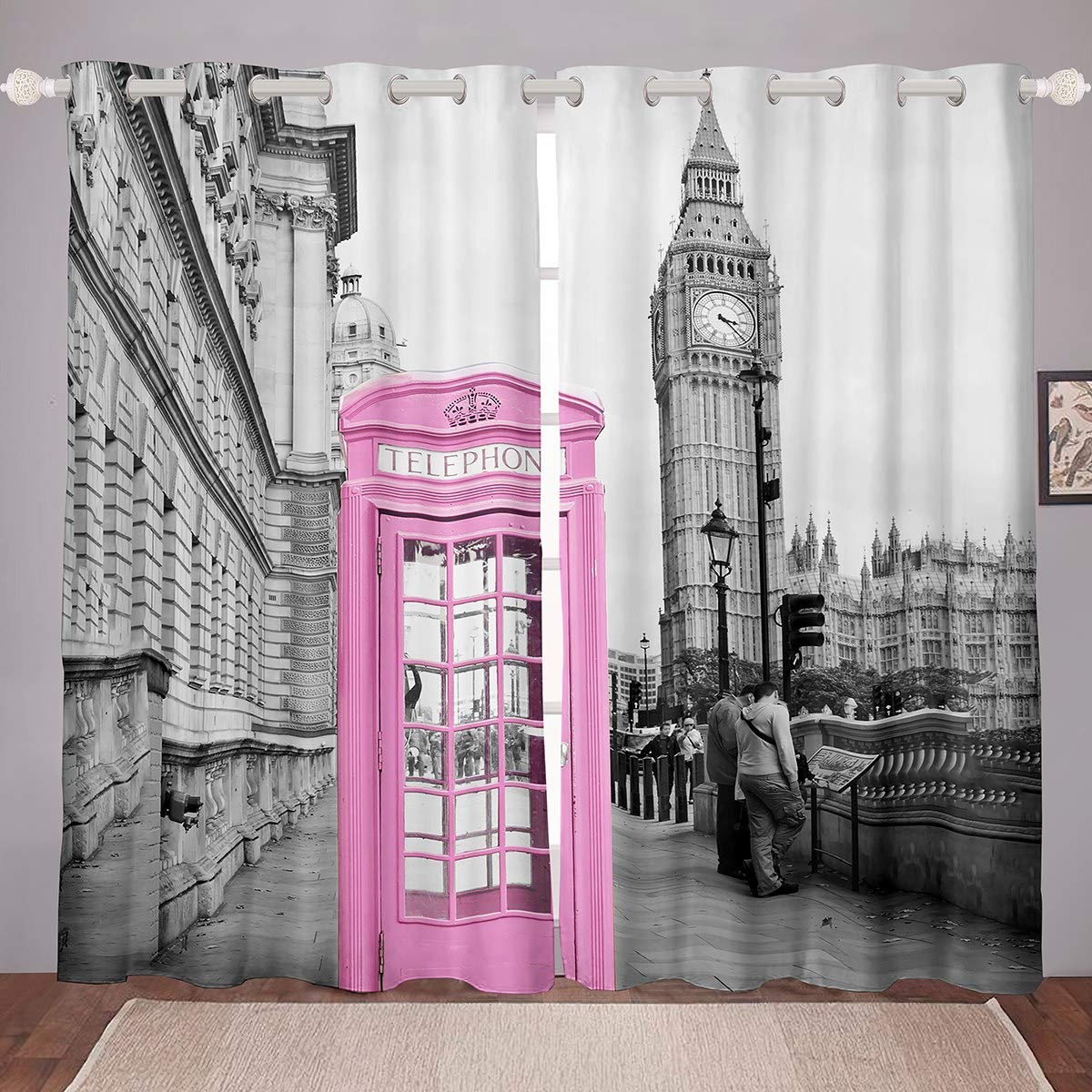 Loussiesd Pink Phone Booth Window Curtain Kids Girls Woman Big Ben Blackout Curtains Vintage British Cityscape Curtains for Bedroom European Style Darkening Thermal Drapes W46*L72,2 Panel Set