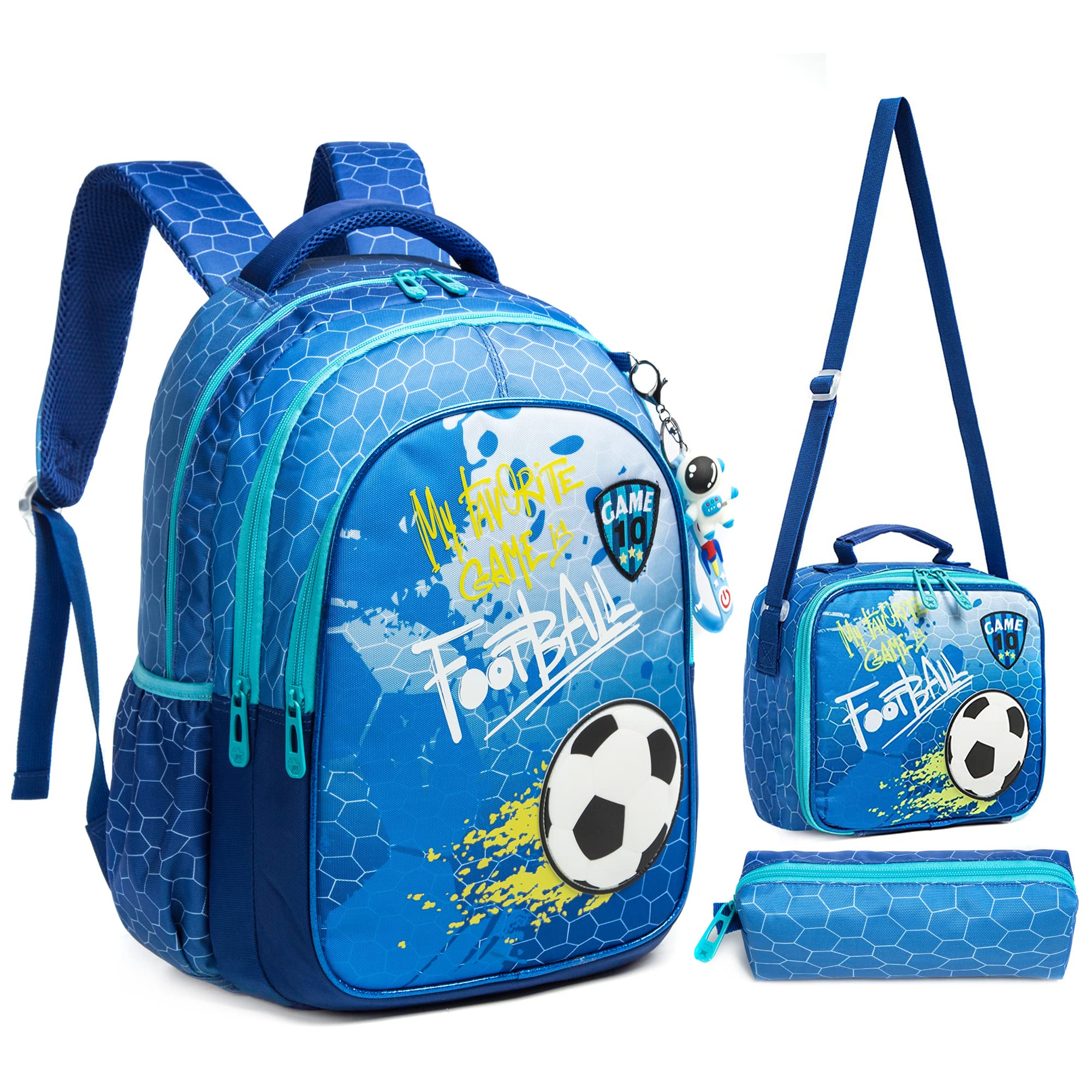 MOHCOKids Backpack 17inch with Lunch Bag and Pencil Case Lightweight School Backpack for Teens, Girls, Boys, Elementary, Football Blue