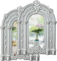 Vista 19 de ZEXUIRU 2 piezas de espejo de pared arqueado para ventana, espejo de acento rústico de granja, espejo de entrada con marco de madera para sala
