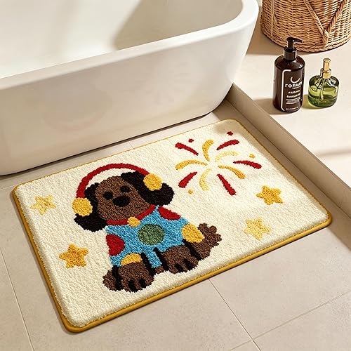 Cute Bath Mat, Funny Puppy Print Bath Mats,Cute Bathroom Rugs,Ultra Soft, Absorbent Quick Dry,Non Slip TPR, Machine Washable 32" x 20" Bathroom Mat,for Bathroom Door(Lucky Puppy, 32" x 20")