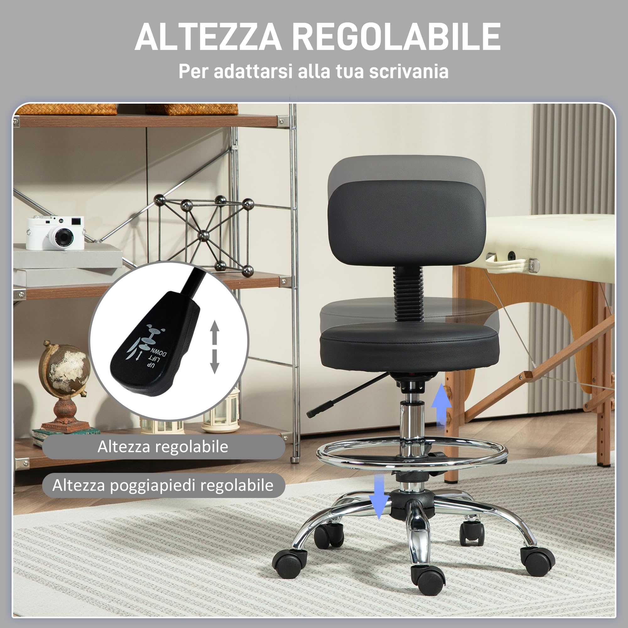 HOMCOM Taburete Giratorio, Taburete con Ruedas y Respaldo, Reposapiés, Altura Ajustable, Tapizado en Cuero Sintético, para Oficina, Dormitorio, Negro
