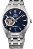 Open Heart Men's Automatic Manual Winding Mechanical Classic Steel Band Skeleton Dial Wrist Watch, Blue, Bracelet