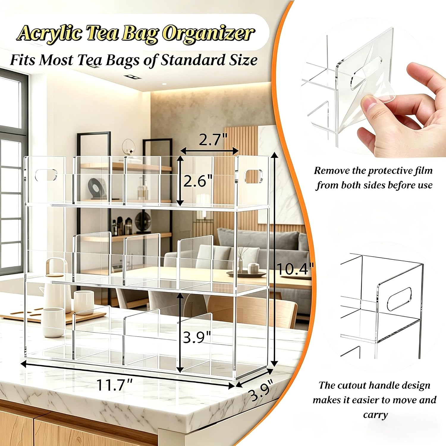 Acrylic Tea Bag Organizer for 216 Tea Packets, 3 Layer 12 Slots Clear Tea Holder Storage Dispenser Vertical Tea Bag Caddy for Countertop Cabinet Tea & Coffee Station, No Assembly Required image 2