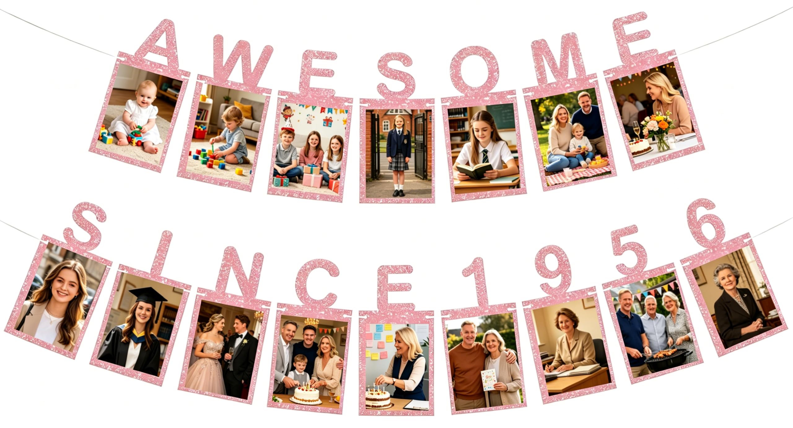 Rose Gold Happy 70th Birthday Decorations Photo Banner - Awesome Since 1956 Bday Milestone Anniversary Bunting