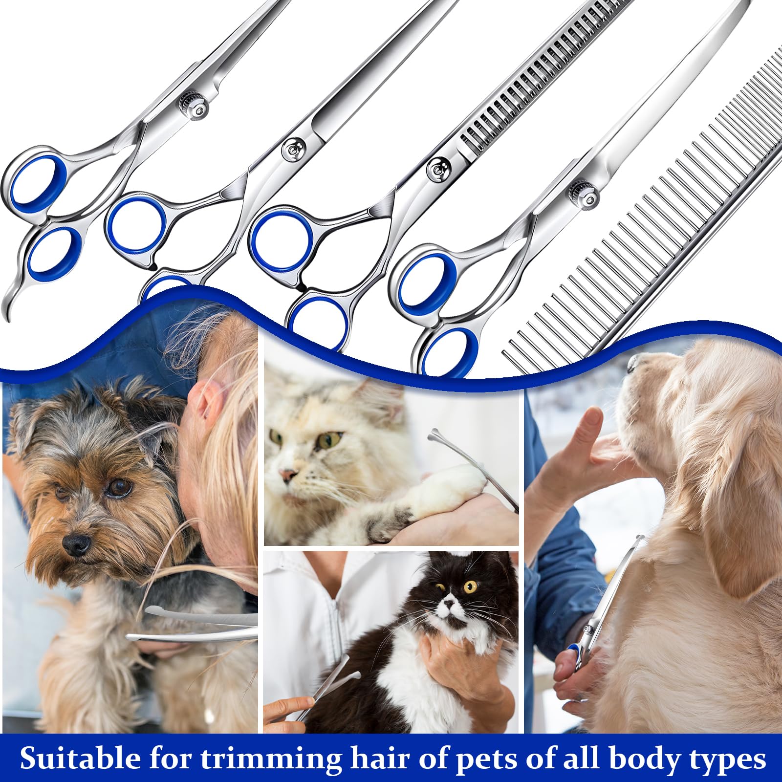 Ciseaux de Toilettage pour Chiens, Acier Inoxydable avec Pointe Ronde de Sécurité, y Ciseaux à Effiler Chien, Ciseaux Courbes Chien, Ciseaux Droits, Peigne, pour Chiens Chats