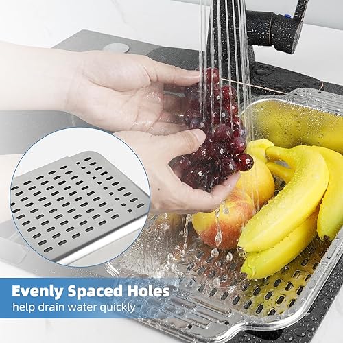 Miniatura 5 de Cesta coladora para colocar sobre el fregadero, colador de drenaje extensible de metal para lavar verduras y frutas platos secos, 6 cuartos de galón