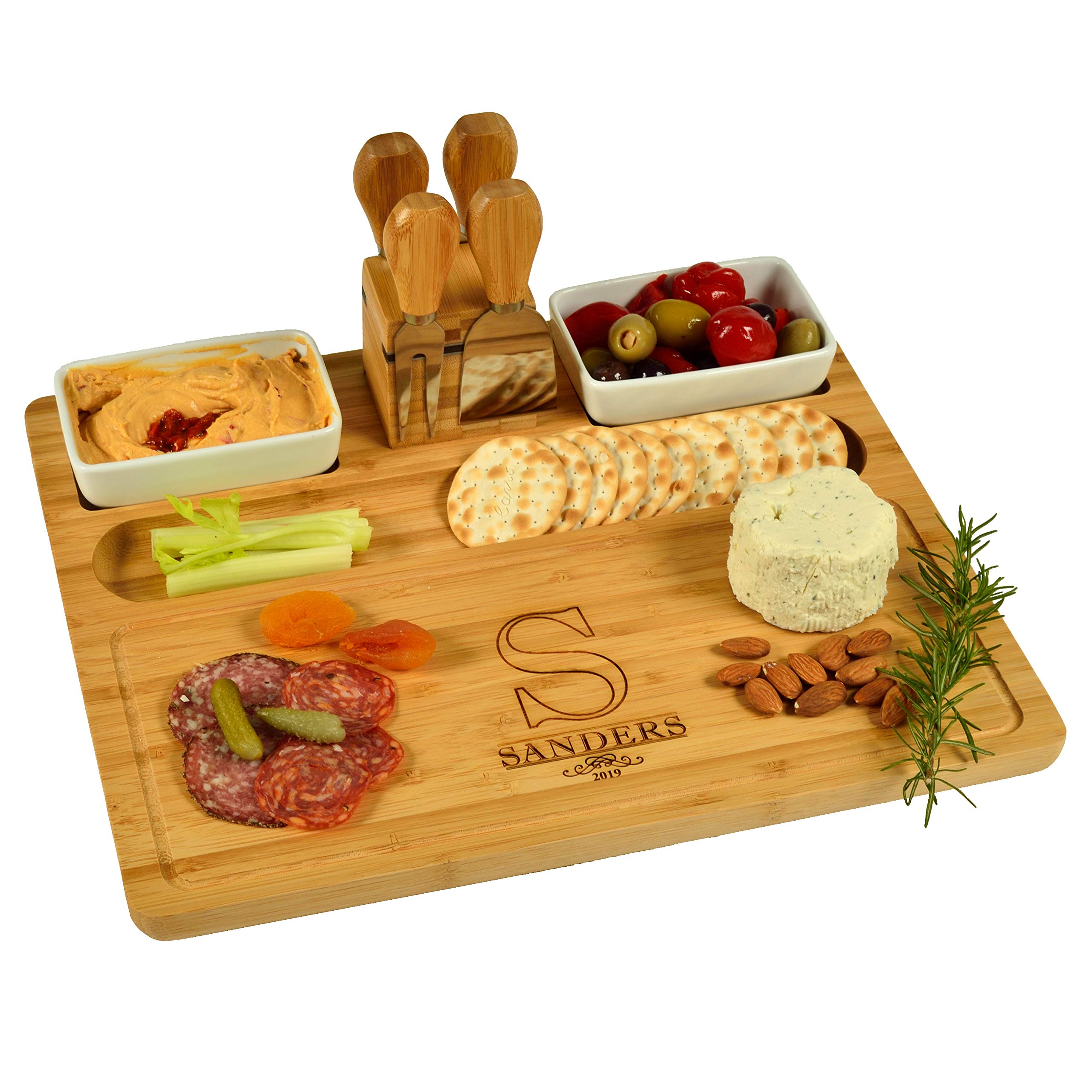 Custom Personalized Engraved Bamboo Cheese/Charcuterie Cutting Board with Ceramic Bowls, Cheese Tools & Cheese Markers-Designed & Quality Checked in USA
