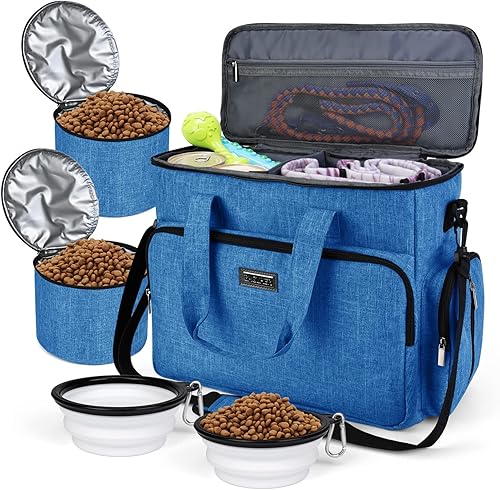 BAGLHER Bolsa de viaje para perros, bolsa de viaje para mascotas (todos los suministros de viaje para mascotas), con 2 recipientes de comida para