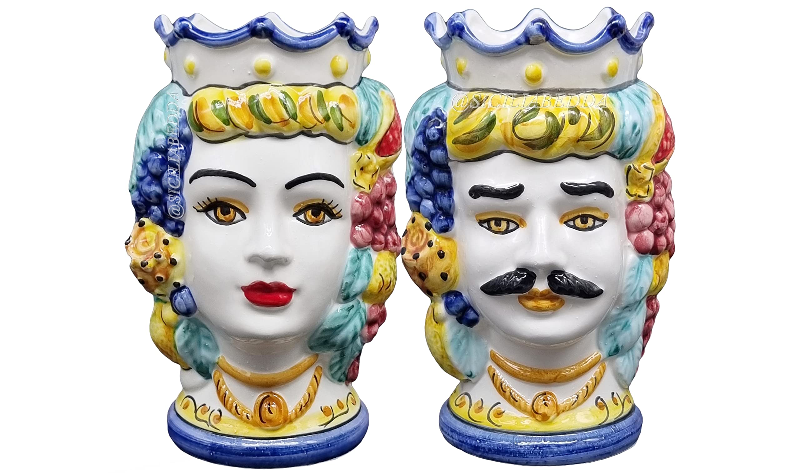 sicilia bedda - Ein Paar SICILIANE Köpfe aus Keramik aus Caltagirone - Handgefertigt - Höhe 18 cm - elegante Ergänzung zu Ihrer Einrichtung
