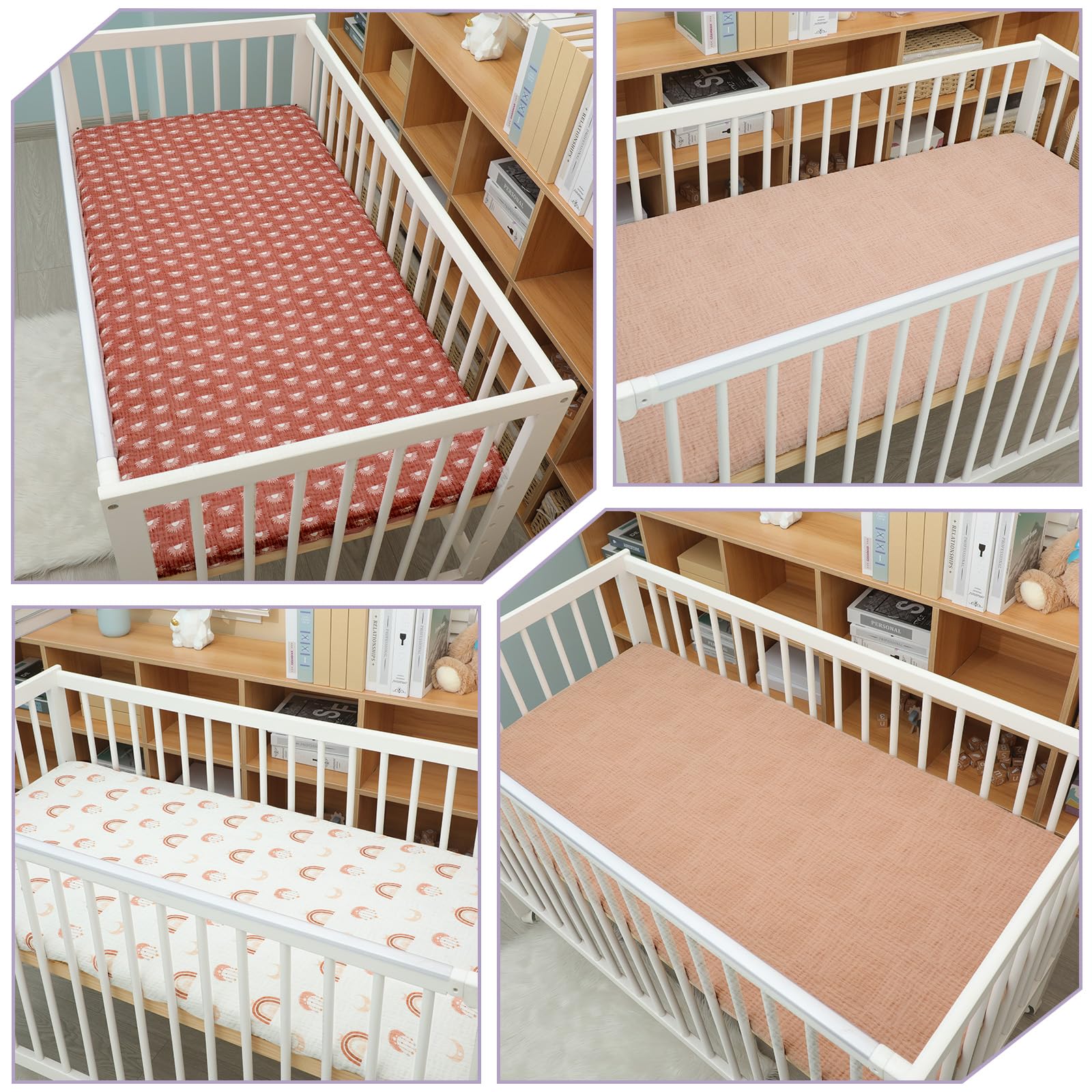 Mindsoft 4-teiliges Musselin-Spannbettlaken-Set für Jungen und Mädchen, Spannbettlaken für Kinderbetten für Standard- und Kleinkindermatratze, weiche und atmungsaktive Baumwolle, Baby-Bettlaken, 71,1