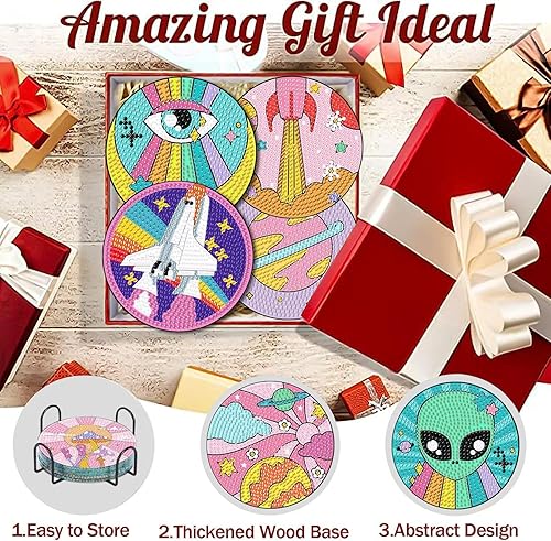 Miniatura 3 de Juego de 8 posavasos de pintura de diamantes alienígenas con soporte, posavasos de arte de diamantes de dibujos animados antideslizantes para