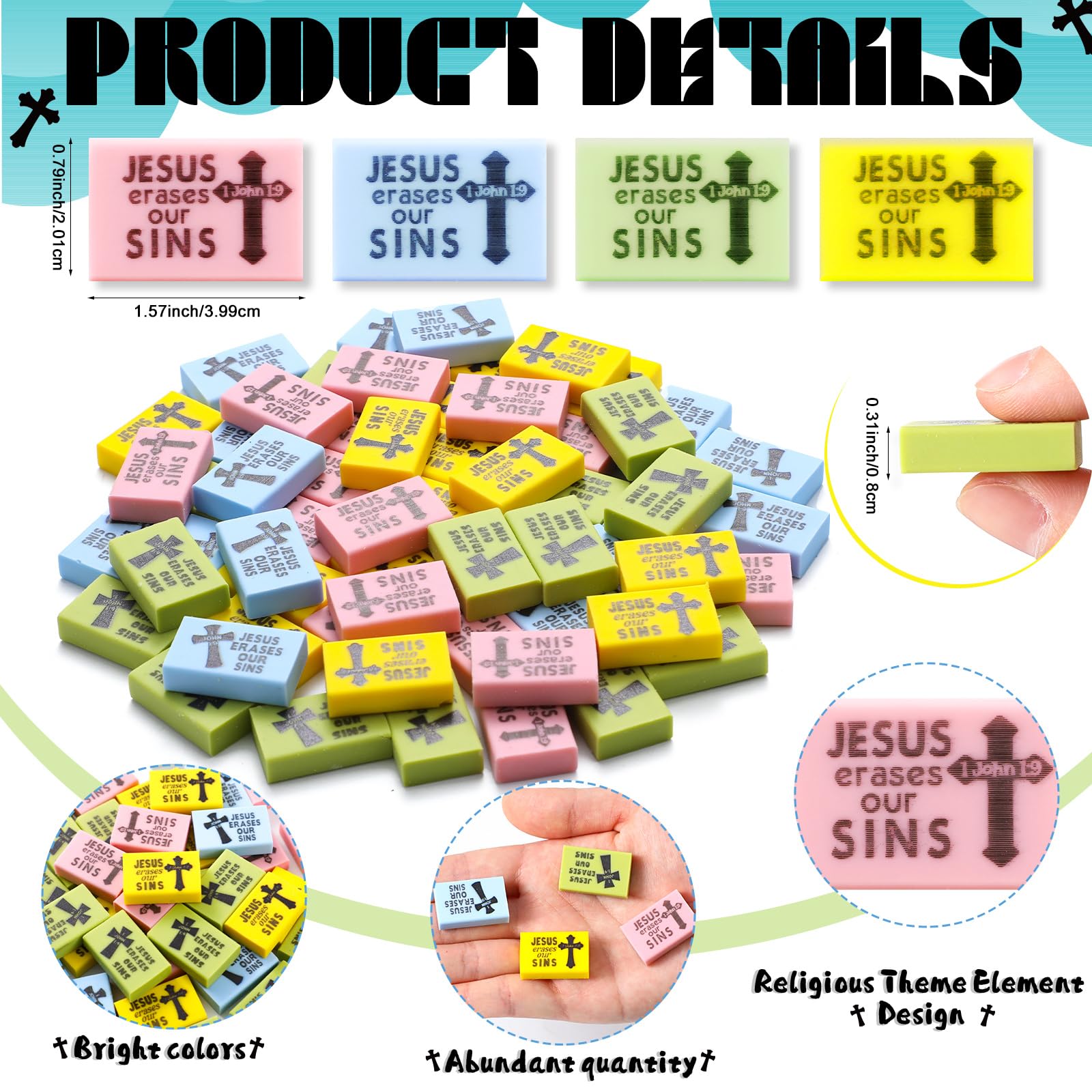 Dunzoom 100 gomas de borrar de Jesús borran nuestros pecados, 1 x 0.75 x 0.25 pulgadas, mini borrador cristiano para niños, pequeño borrador de cruz bíblica pastel para papelería de iglesia,