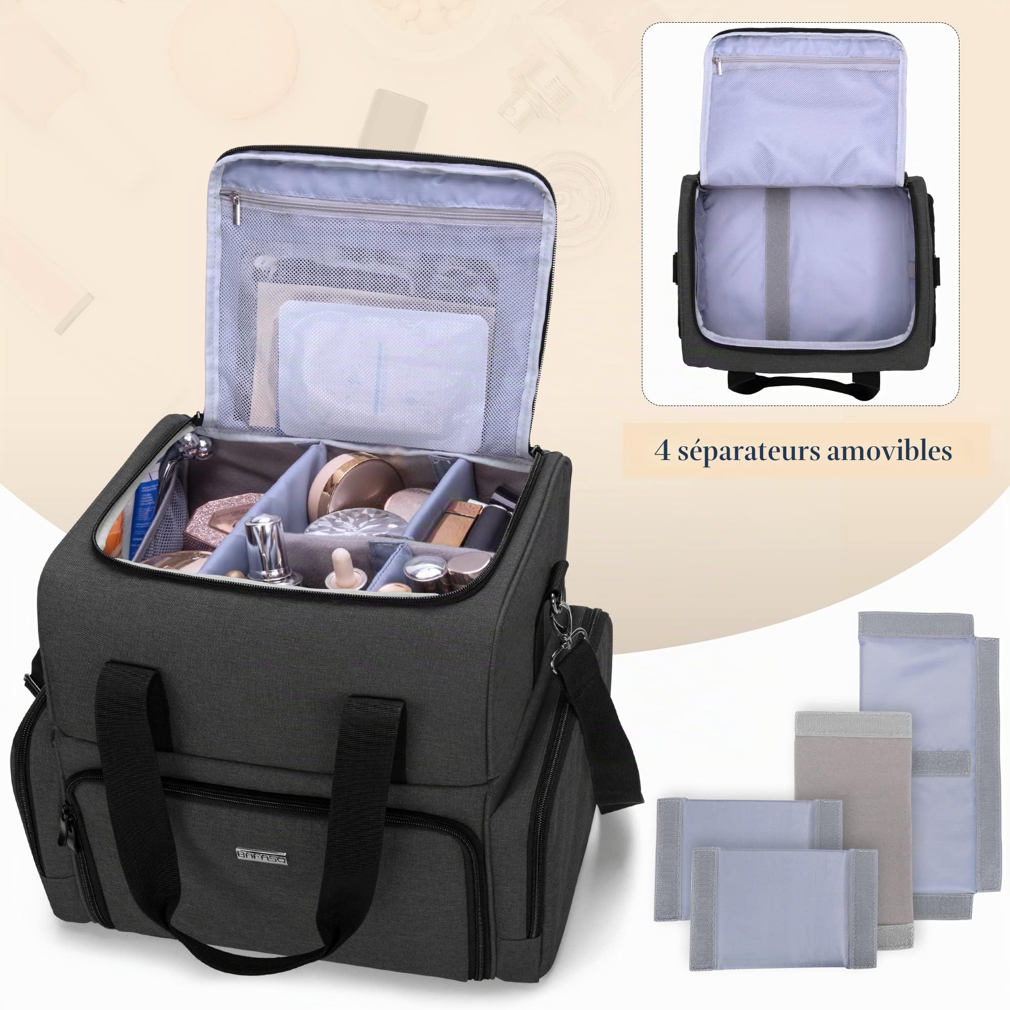 BAFASO Trousse de Maquillage de Voyage à 2 Couches, Sac de Maquillage, Noir | Sac à Cosmétiques avec 3 Étuis Amovibles, (Sac Seulement)