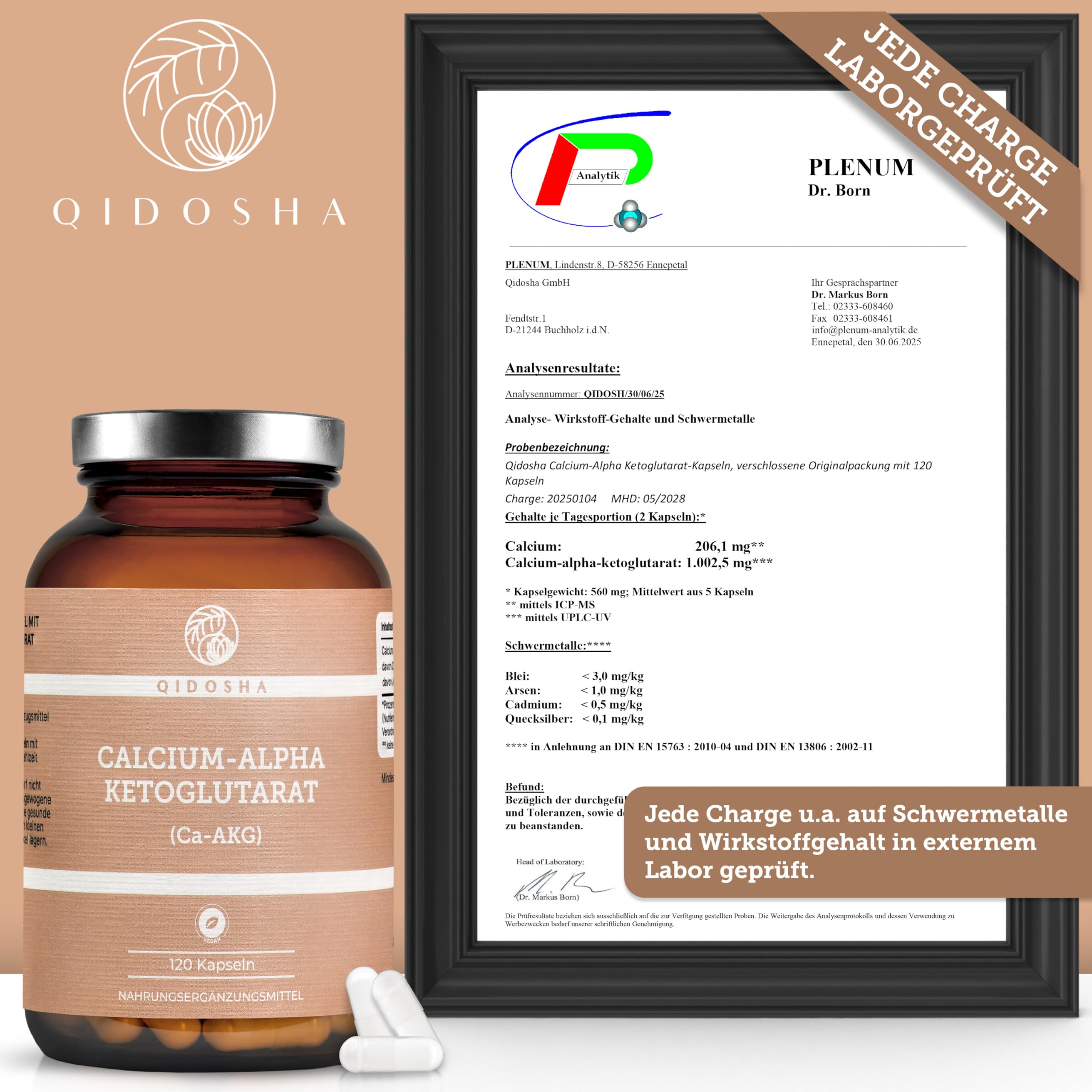 QIDOSHA® Calcium-Alpha-Ketoglutarat Ca-AKG, 120 Kapseln im Apothekerglas, deutsche Fertigung, jede Charge laborgeprüft