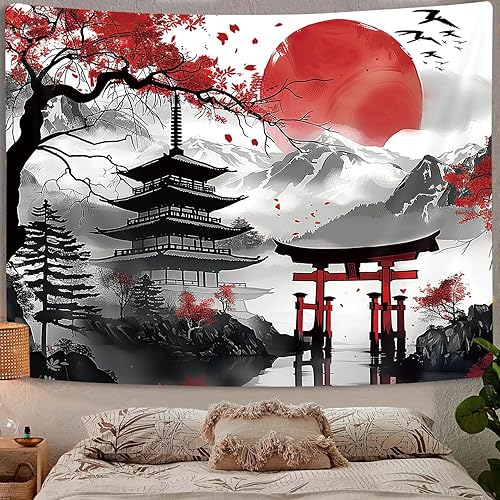 Miniatura 10 de Tapiz de naturaleza de bosque de montaña para dormitorio, paisaje de luna en blanco y negro, para colgar en la pared, atardecer de árbol, grande,