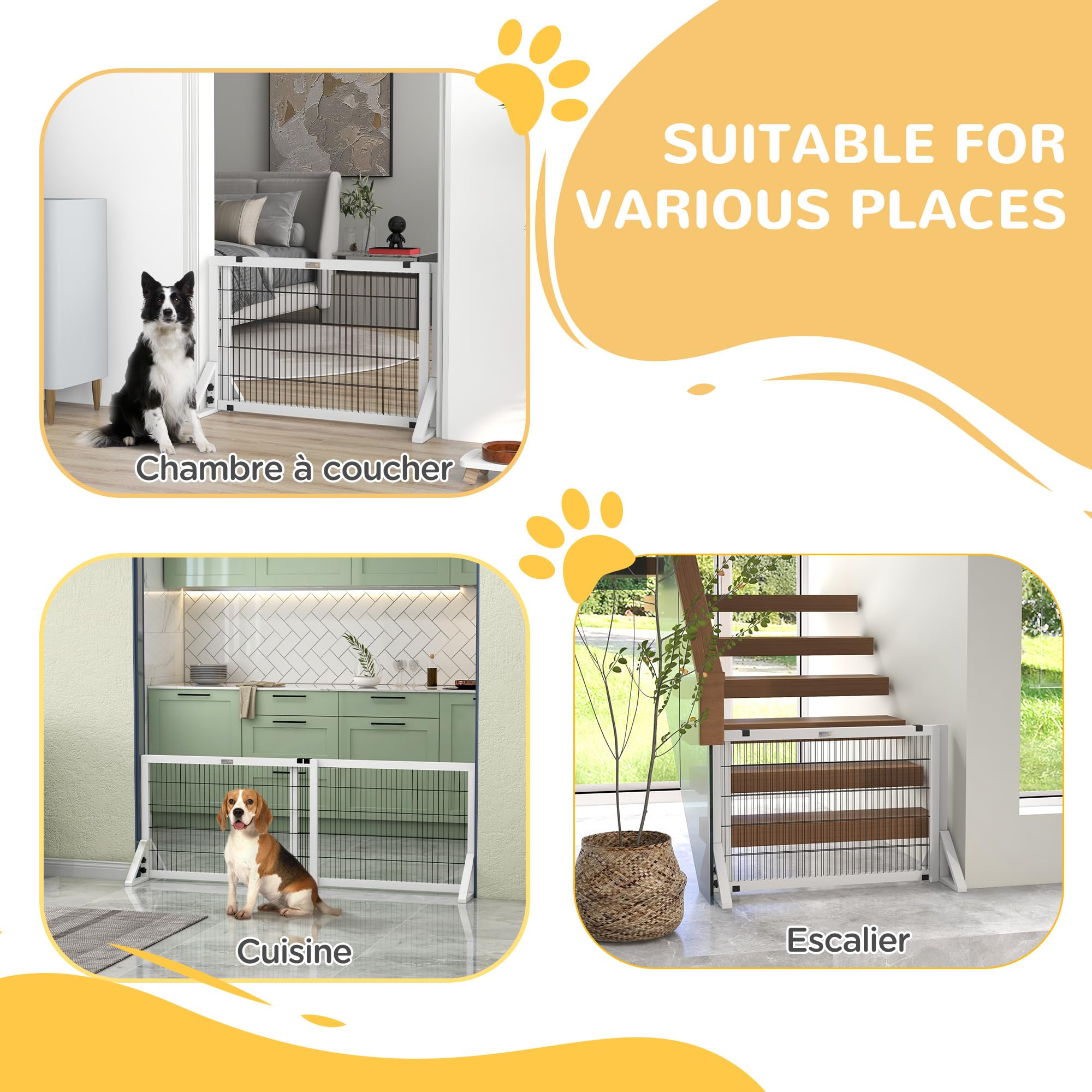 PawHut - Barrera de Seguridad para Perros (2 Paneles, Ancho Ajustable, 101-181 x 44 x 67 cm, Barrera para escaleras, Puertas, pasillos, Madera de Pino y Acero, Color Blanco | Barrera de protección, anchura ajustable, para escalera puerta pasillos, madera