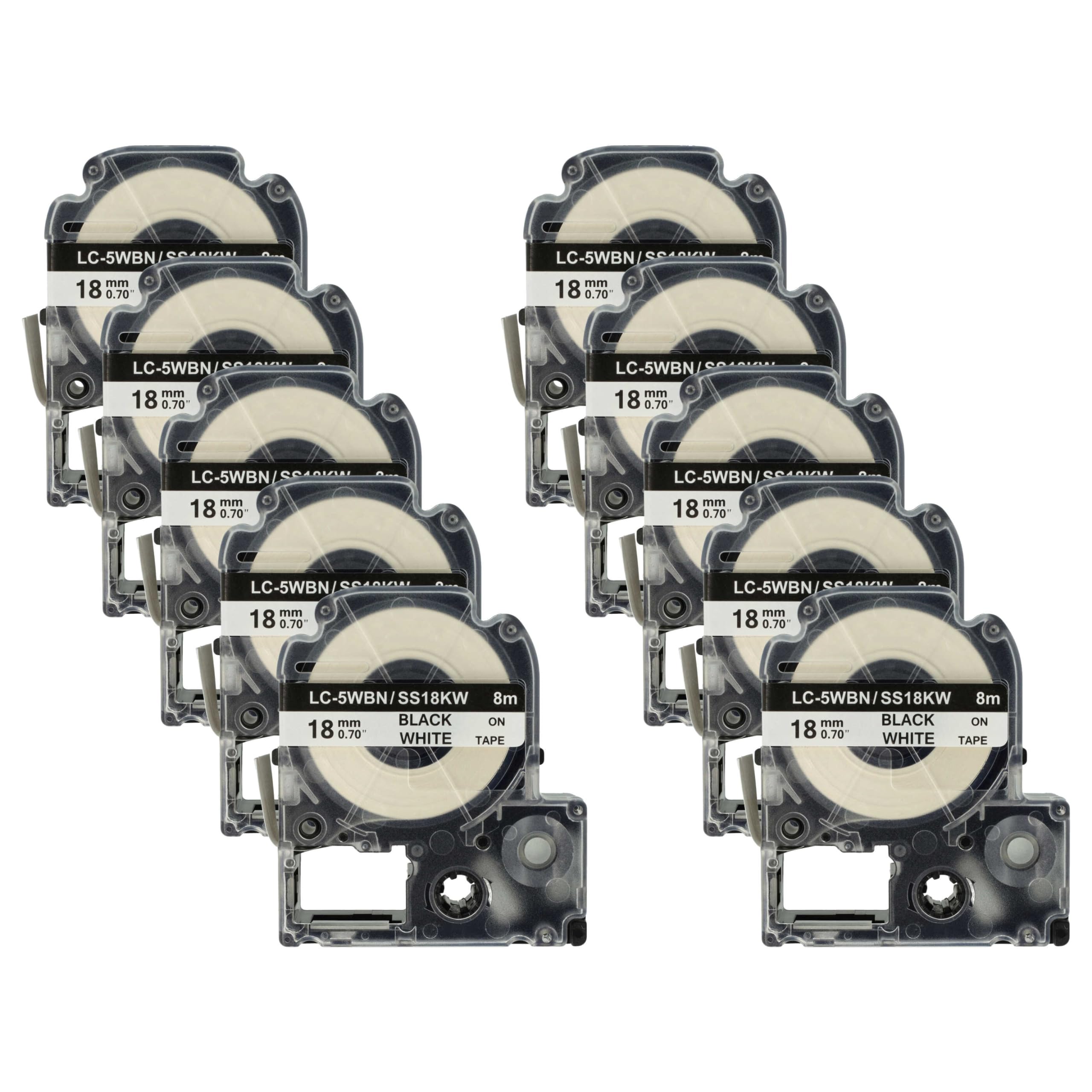 vhbw 10x Schriftband-Kassette Ersatz für Epson SS18KW | LC-5WBN für Etiketten-Drucker 8m x 18mm Schwarz auf Weiß