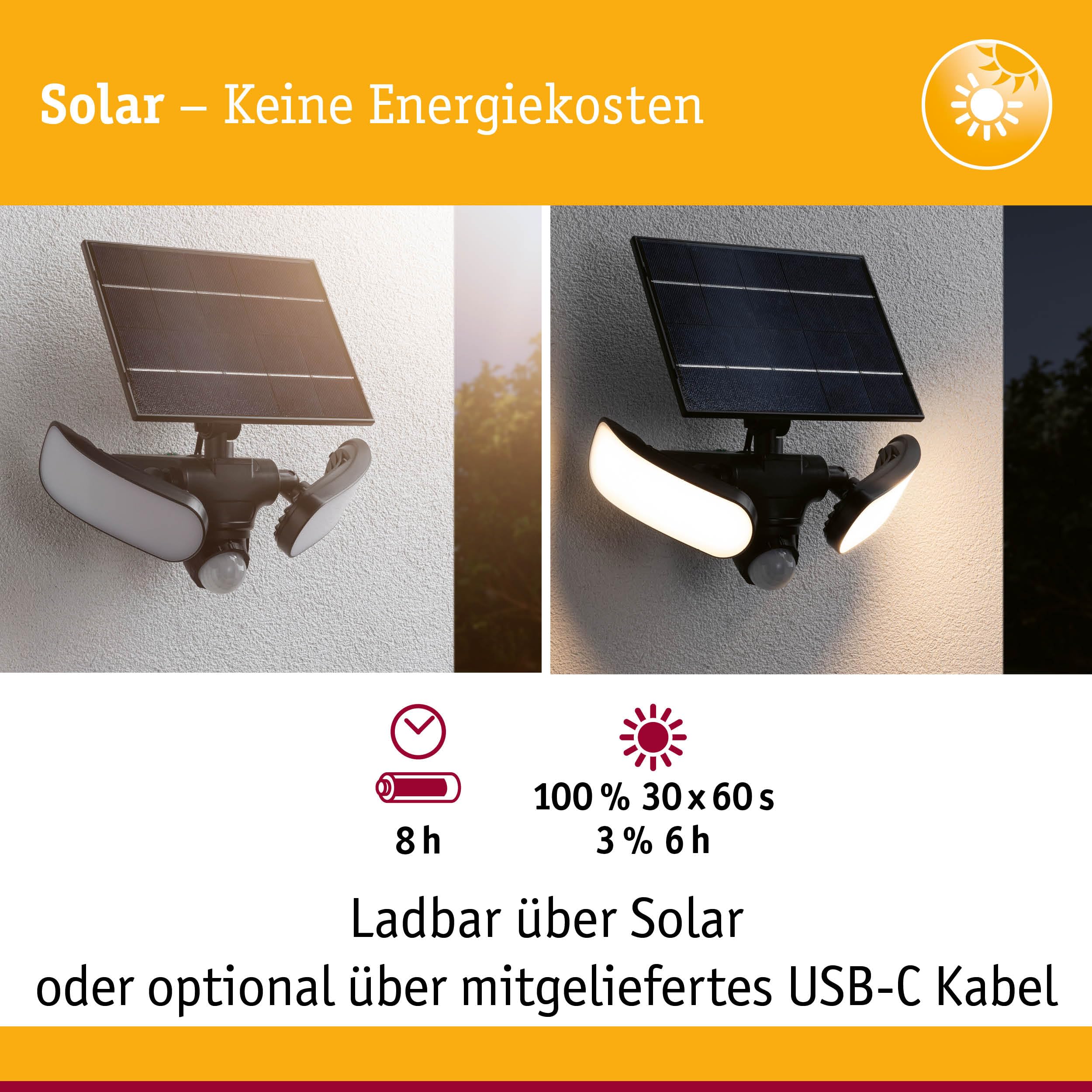 Paulmann Zewnętrzny reflektor solarny Sonlig IP65 3000 K USB PIR antracyt 94610