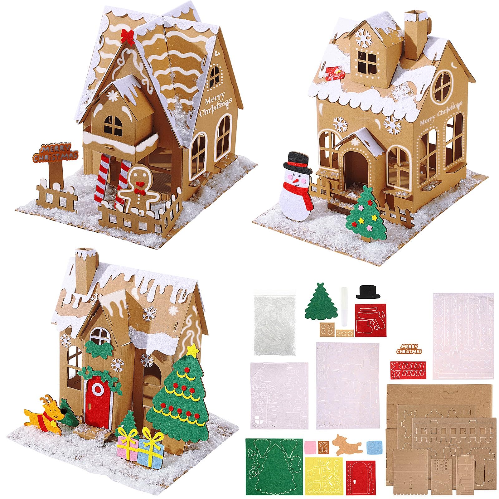 3 Set Christmas Gingerbread House Kit Build Gingerbread House Kit 3D Unfinished Xmas Cardboard Craft for Christmas Party DIY Craft Supplies