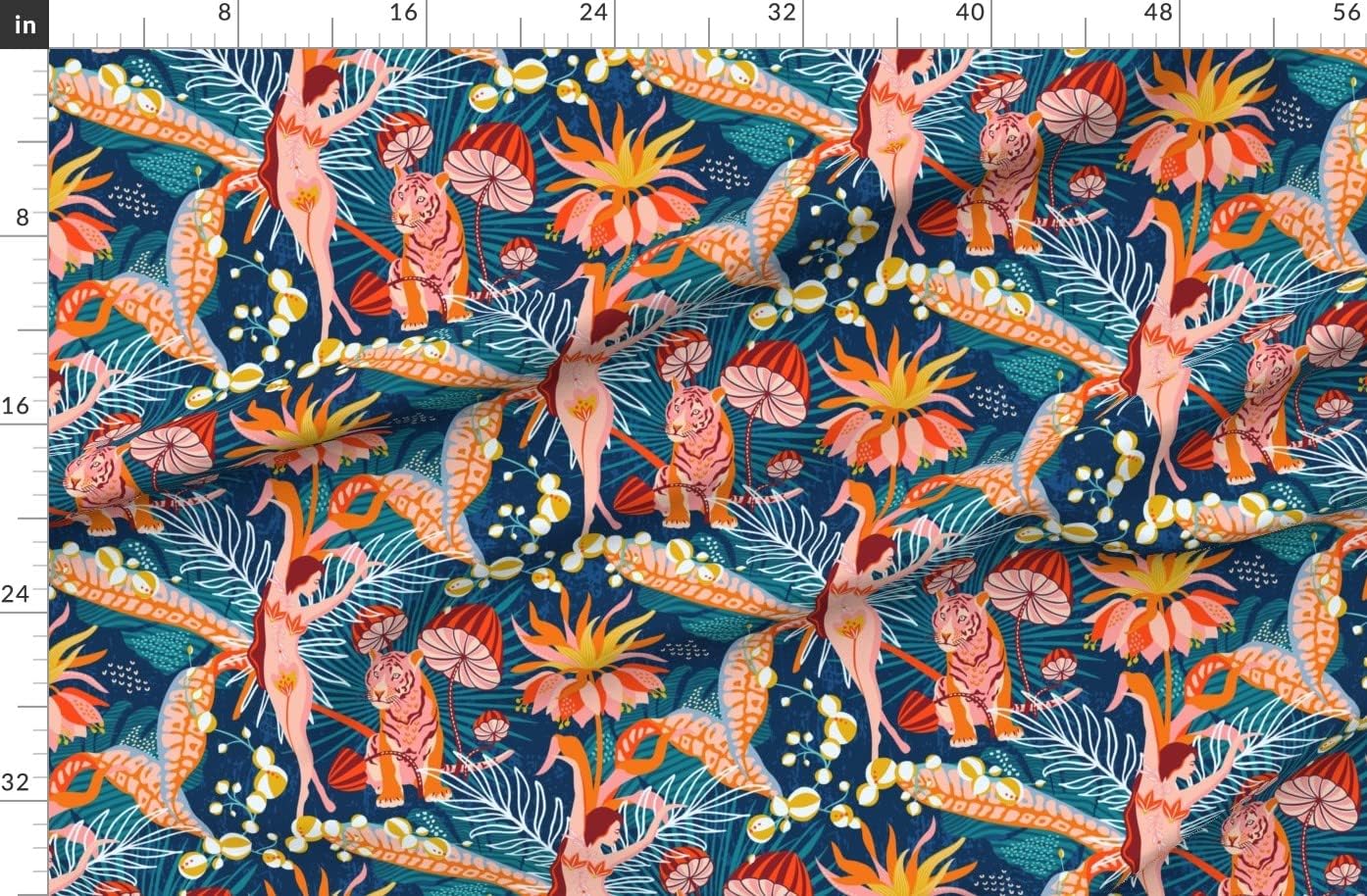 Spoonflower Fabric - Maximalist Tropical Surrealism Jungle Flowers Woman Dancer Coral Tiger Printed on Organic Cotton Sateen Fabric by The Yard - Sewing Quilting Apparel Home Decor
