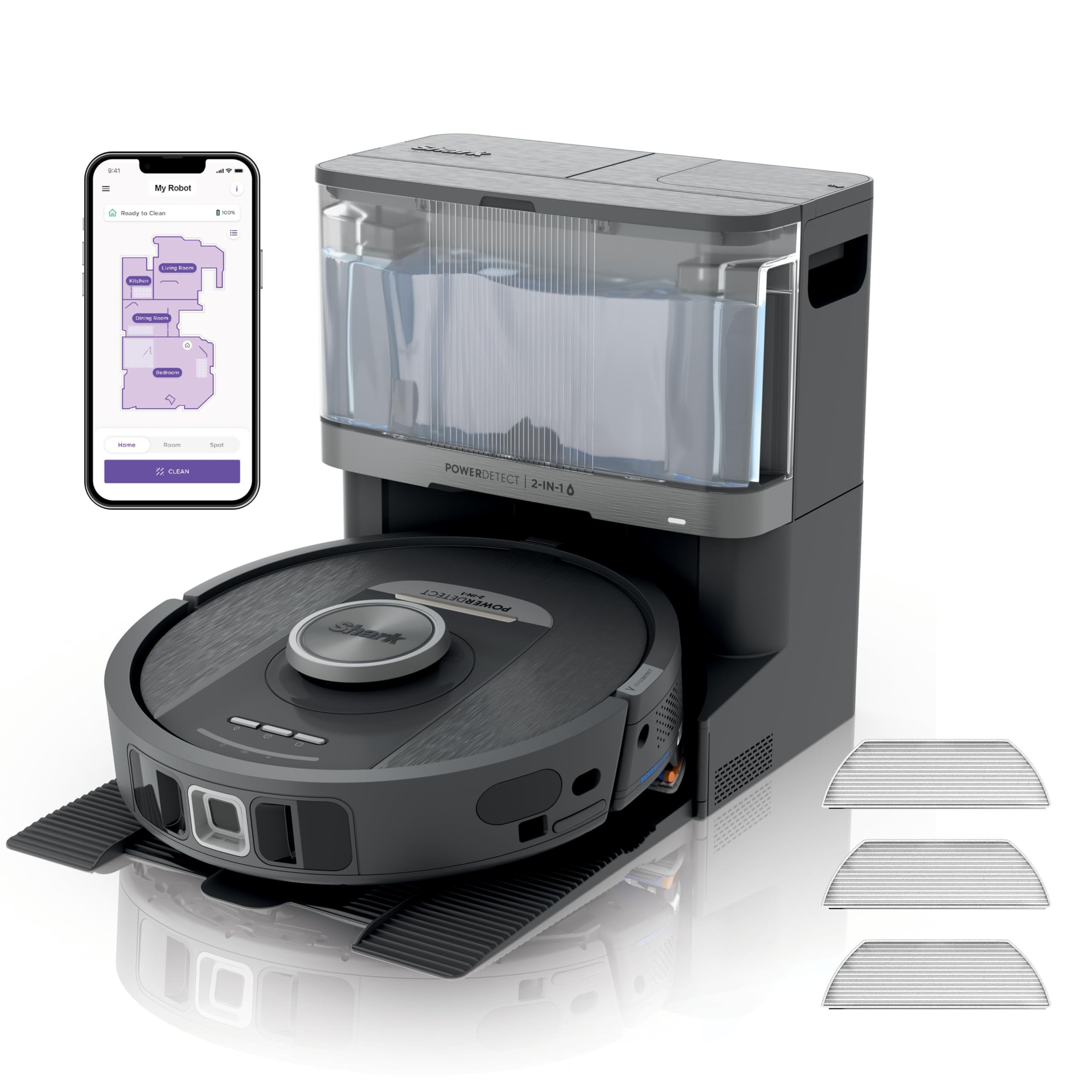 Shark PowerDetect Robot Vacuum and Mop with 30-Day Self-emptying and Cleaning Base - Anti-odour - 3D LiDAR Navigation - Wi-Fi / App - 3 Anti-microbial Pads and 2 Brushes Incl. - White