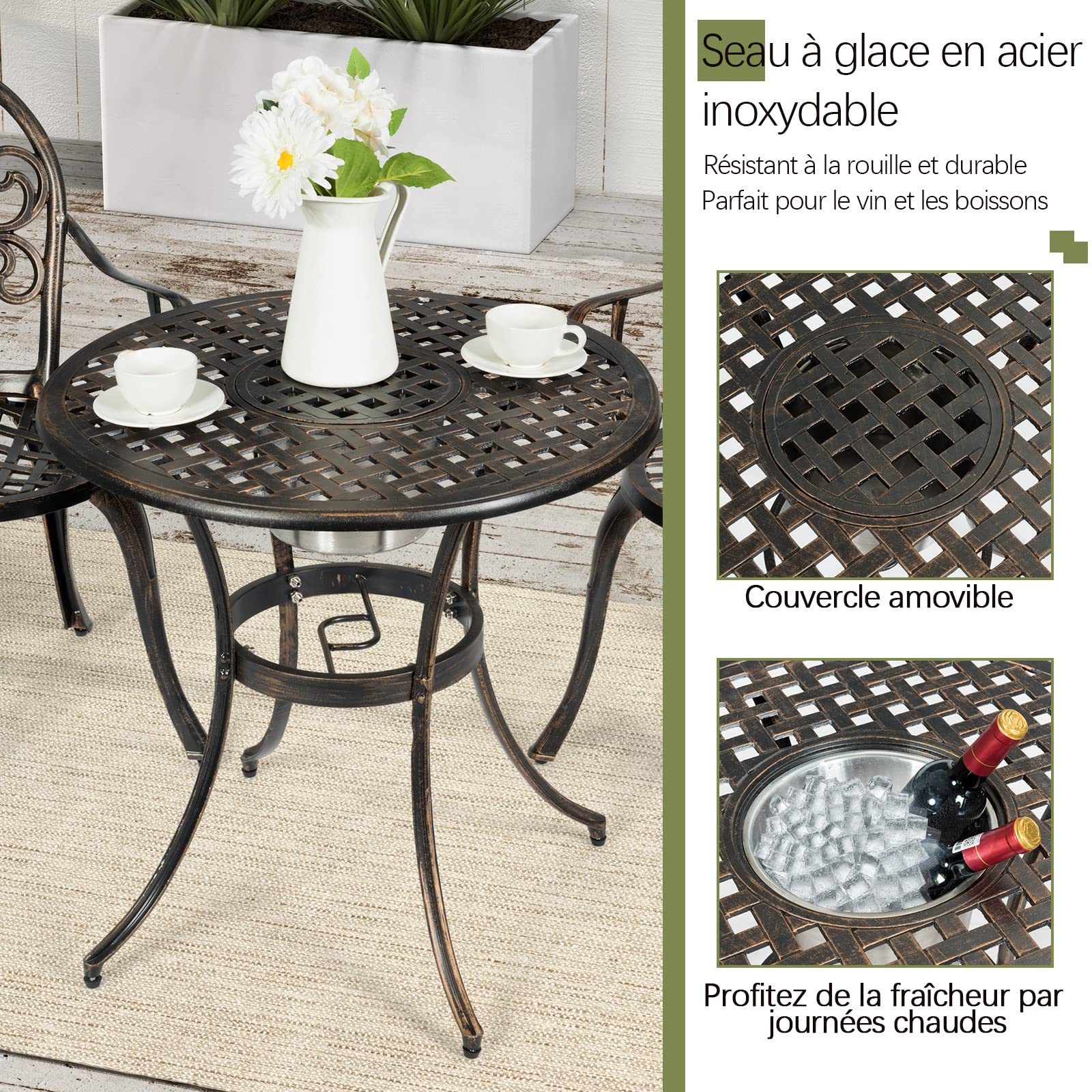 GOPLUS Ensemble de Bistrot 3 Pièces en Fonte d'Aluminium, Table Ronde avec Seau à Glace Amovible & 2 Chaises, Résistant aux Intempéries, Style Antique