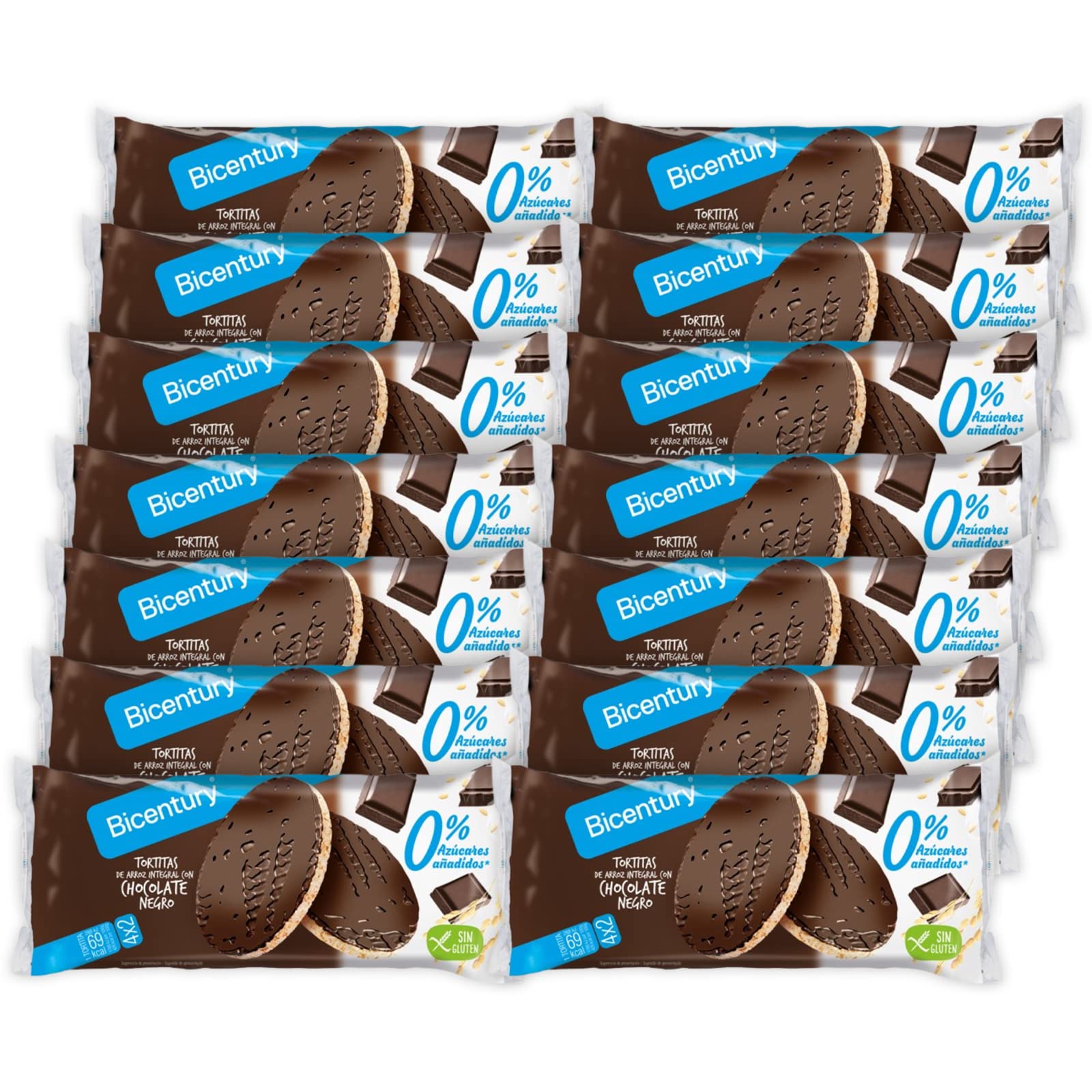 Bicentury - Tortita de arroz integral con chocolate negro sin azúcars añadidos (14 unidades)