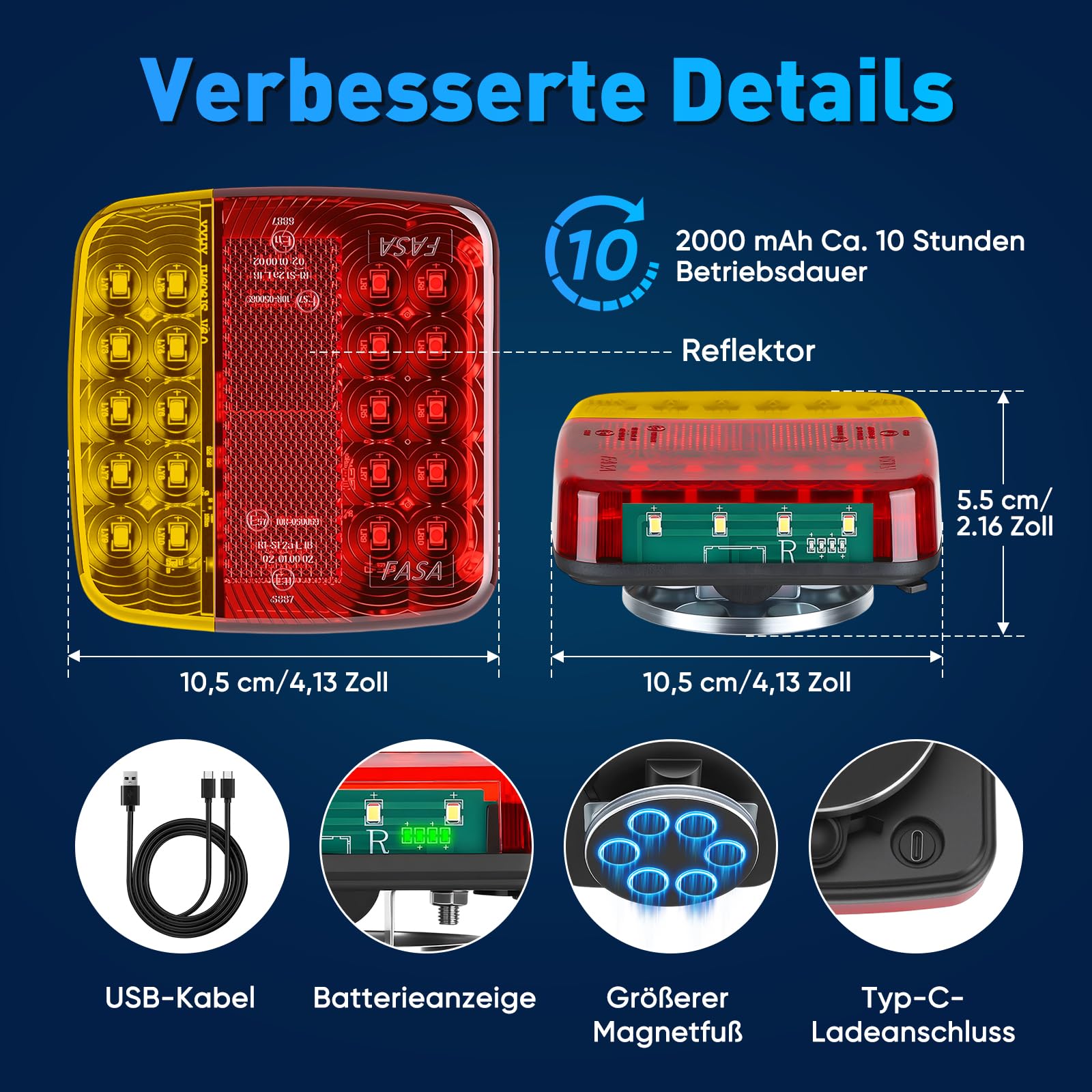 BlumWay Magnetische kabellose Anhängerleuchten, verbessertes 2,4-GHz-Sender mit 2000mAh-Akku, Beleuchtungsset für Lkw, Boot, Wohnmobil, Fahrzeuge, Wohnwagen, Übertragungsreichweite bis zu 30 Meter