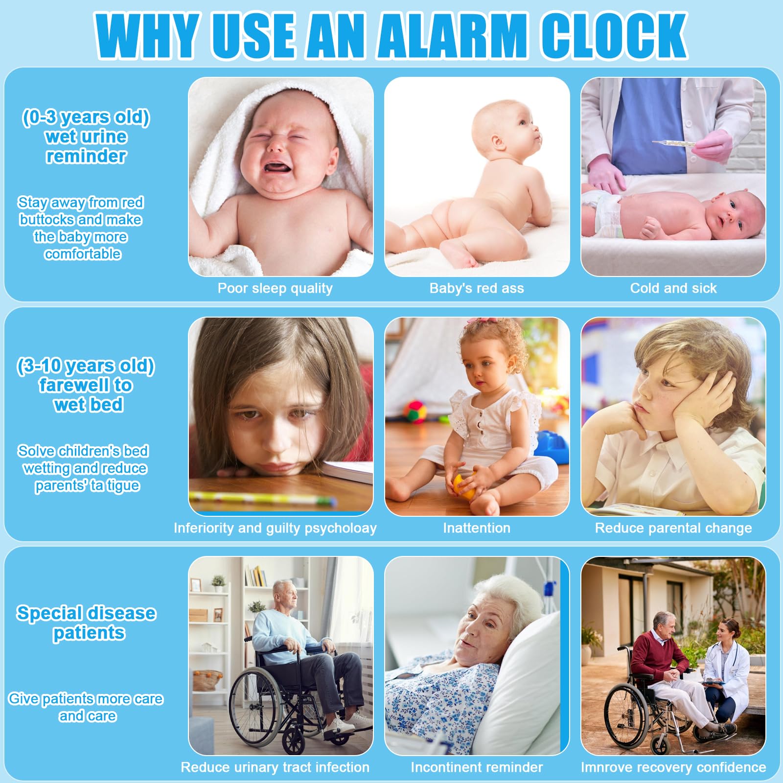 Allarme senza fili per bagnarsi sul letto, allarme wireless con ricevitore e trasmettitore a clip, indicatore di temperatura e umidità, ricarica USB per bambini vasino per la cura degli anziani