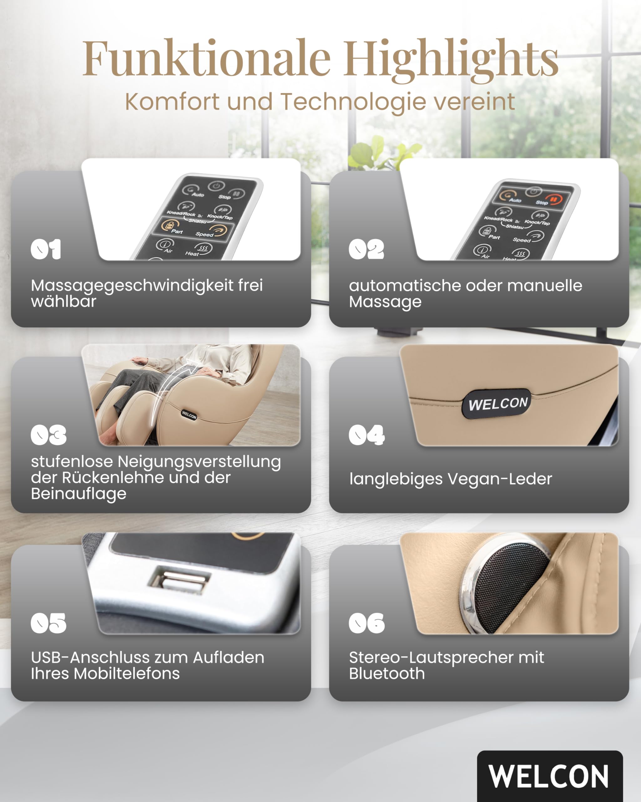 Sillón de Masaje WELCON EASYRELAXX en Beige Con Función de Calor, Programas Automáticos, Masaje de Amasado, Golpeteo, Rodillos, Airbag y Compresión | Sillón eléctrico con masaje 4D, presión de aire, sillón relax Zero Gravity