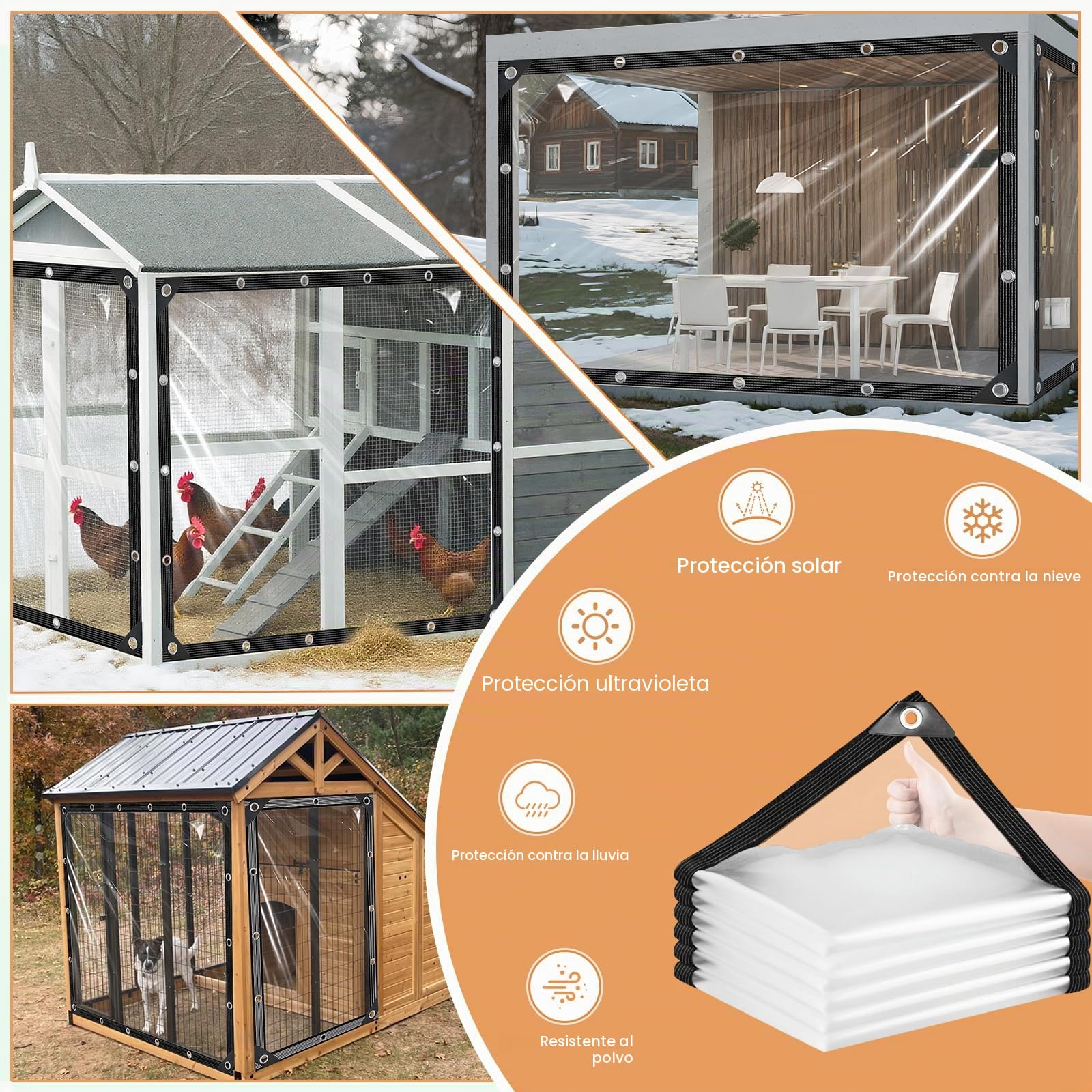 Lona transparente con ojales, 2 x 3 m, lona de PVC transparente, impermeable, transparente, plegable, resistente a la intemperie, para exteriores, camping, balcón, cenador, jardín
