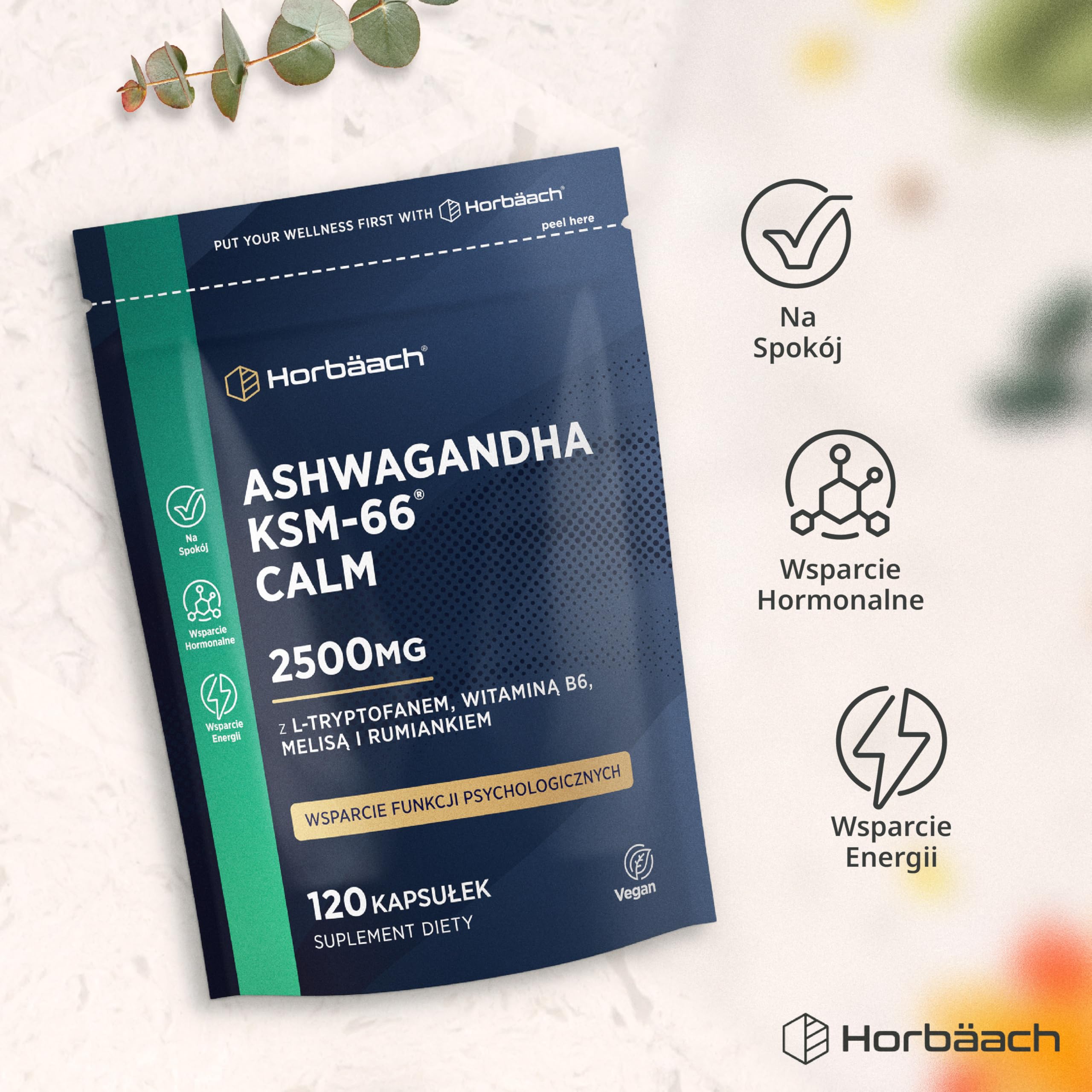 Ashwagandha KSM-66® 5000mg z Dodatkiem Aminokwasów oraz Witamin z Grupy B (B1, B2, B3, B6 i B12) | Formuła Wspierająca Spokój dla Kobiet i Mężczyzn | 60 Wegańskich Kapsułek | marki Horbaach