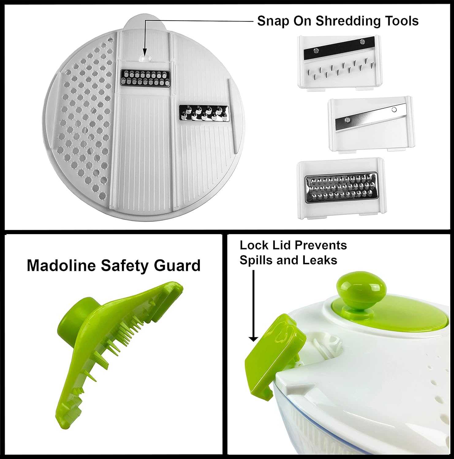 HUJI Multifuncional Gran Ensalada Spinner (4 cuartos de galón) y Mandolina Set  5 cuchillas cortador, escurridor, Tosser, Secador de verduras con un