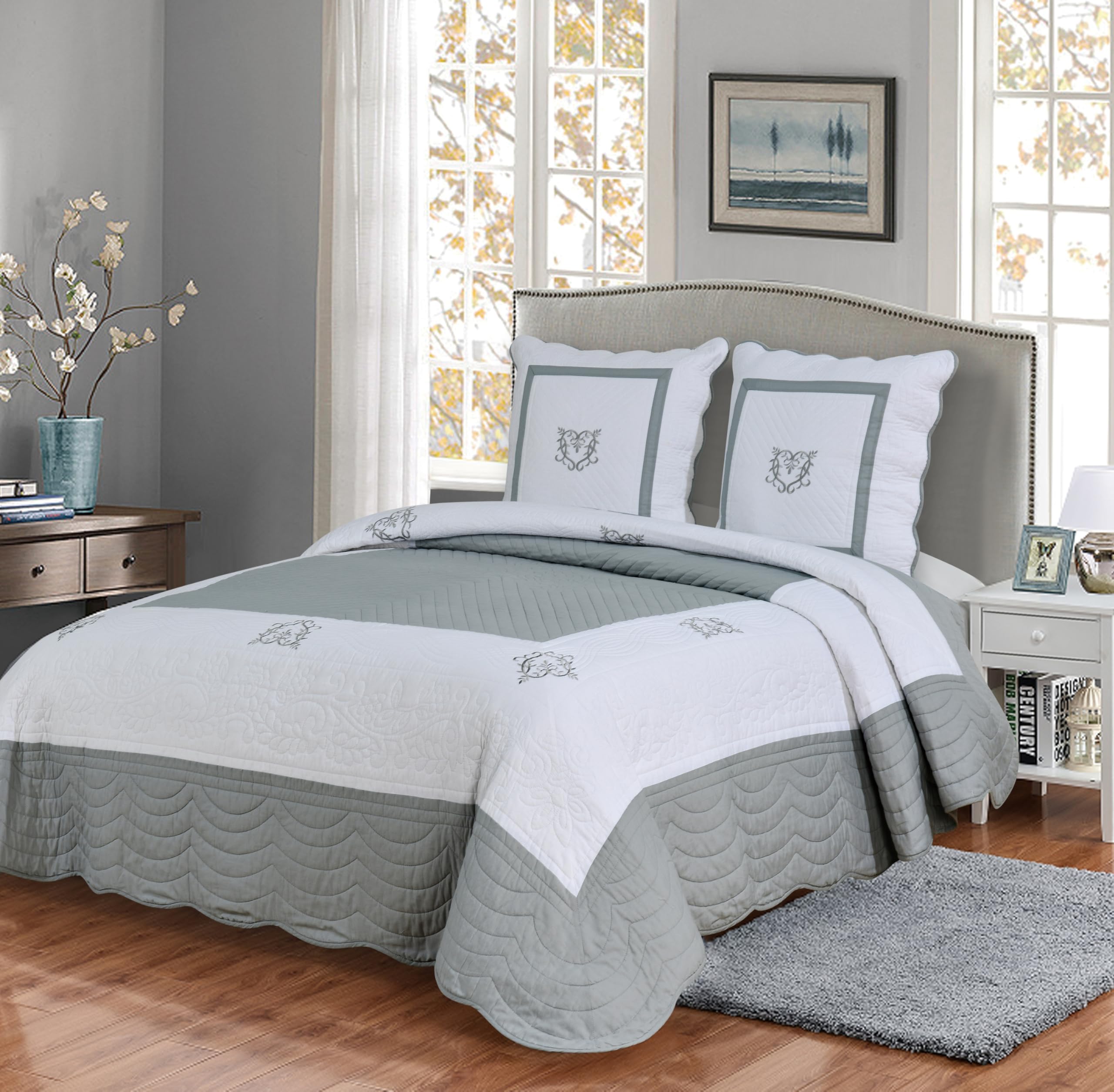 Générique Couvre lit boutis de Luxe 100% Coton 230X250cm avec 2 Taies 65X65cm_Peace Land Gris