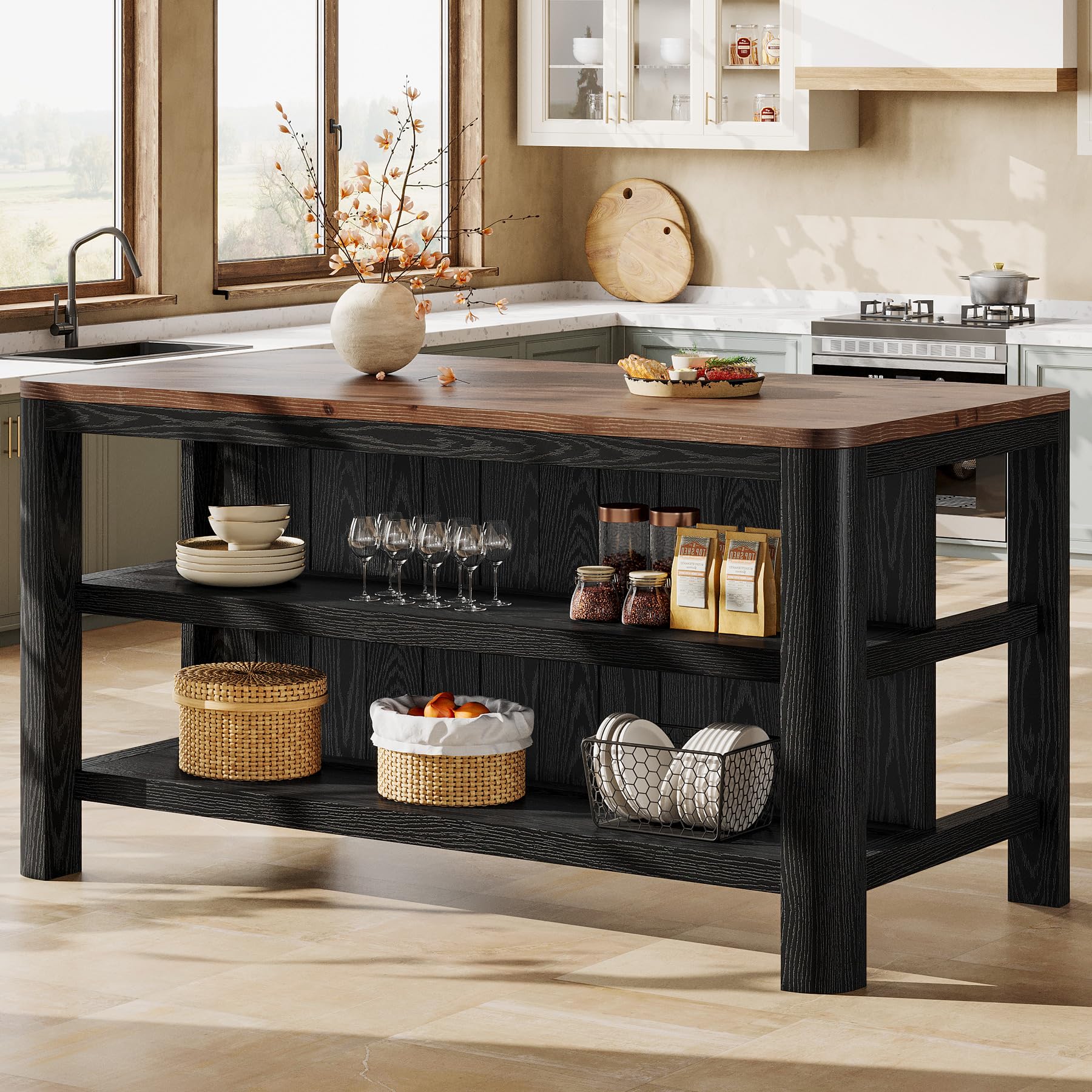 Solid Wood Black Kitchen Island, Butcher Block Island