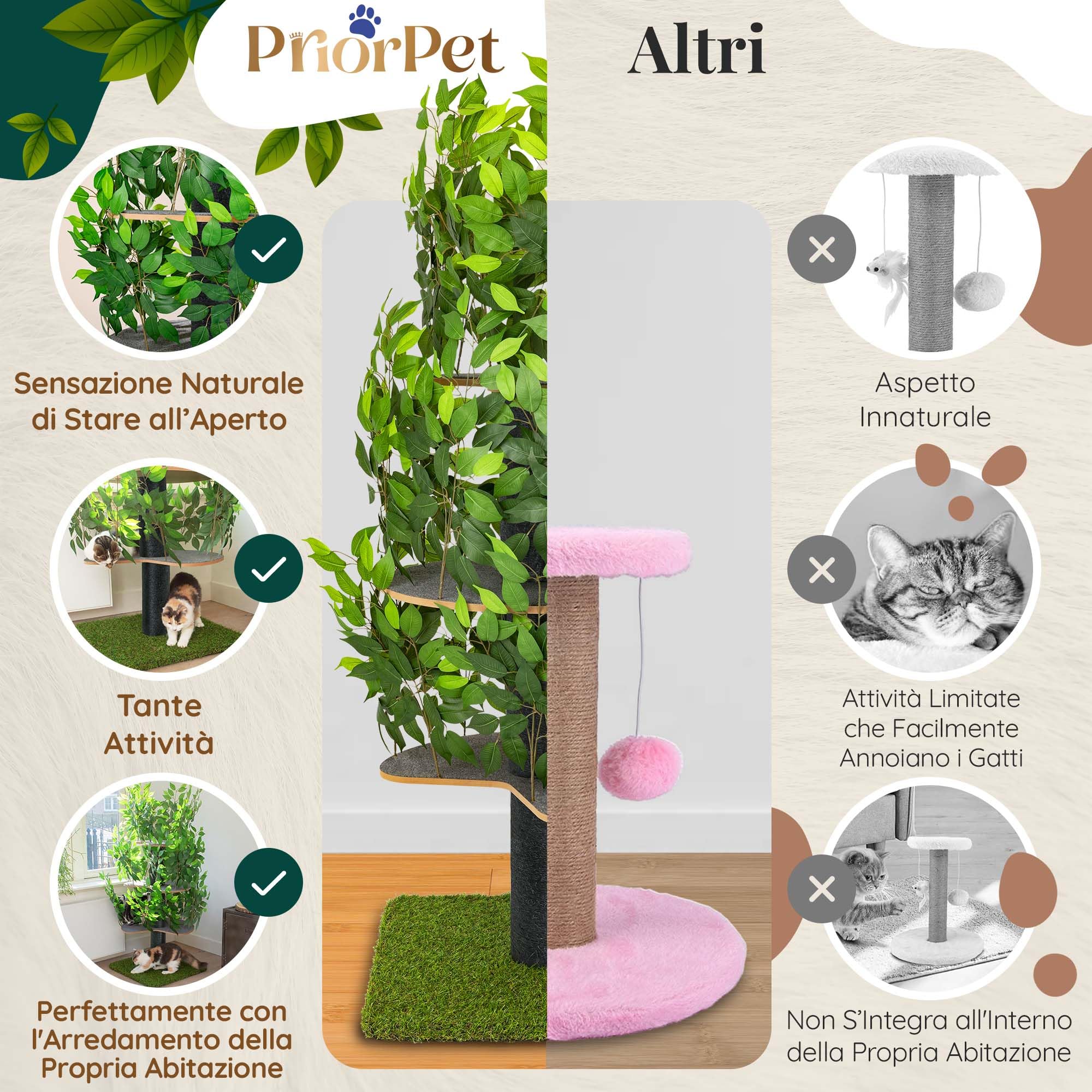 Albero per gatti con Foglie Intercambiabili - Brevettato Tiragraffi per Gatti Adulti, per Arrampicarsi Nascondersi e Dormire - Più Livelli, Facile da Montare - Tiragraffi Gatto Costruzione Robusta