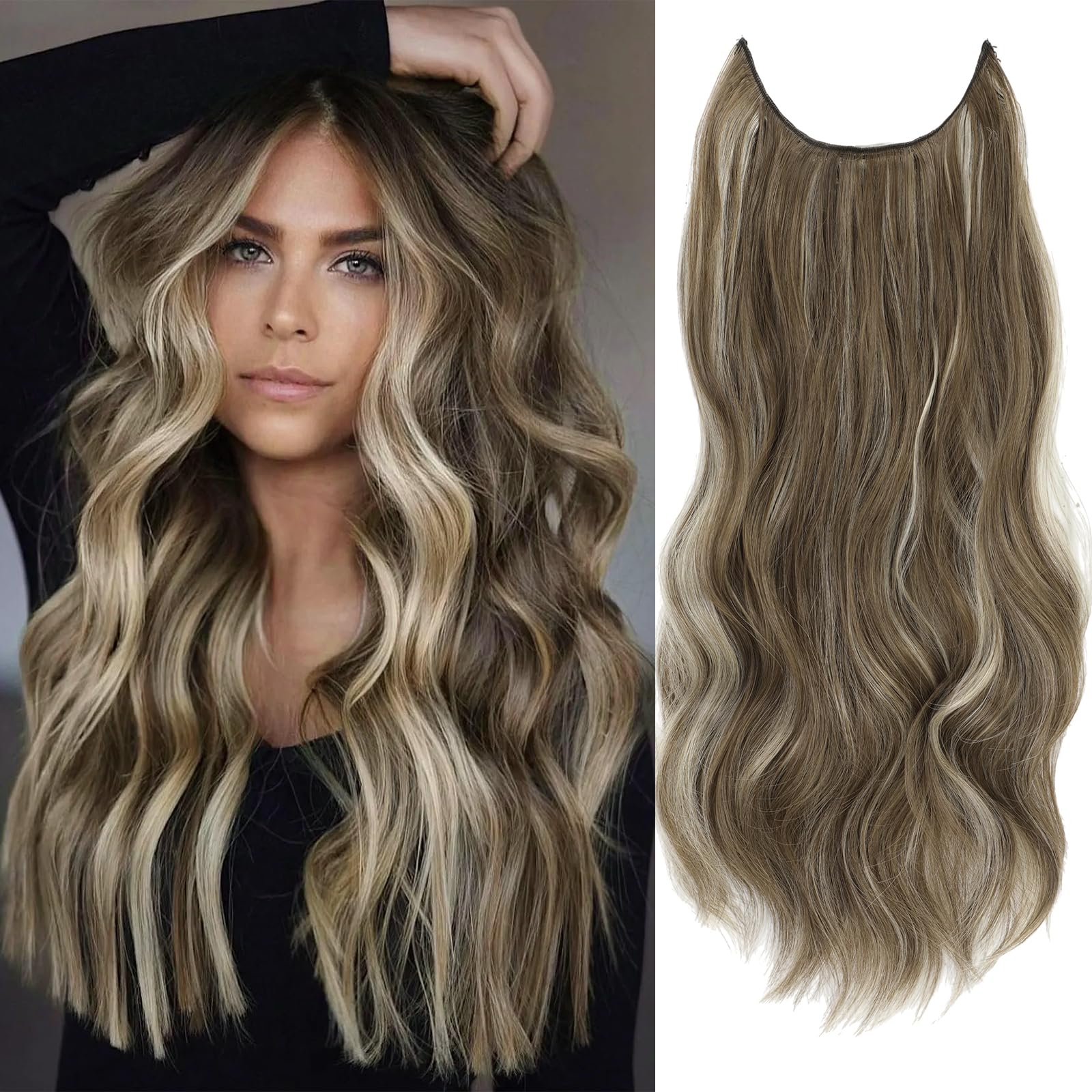 Invisible Wire Clip Hair Extensions: Transparent Wire Adjustable Size 4 Secure Clips Long Extension Secret Hairpiece 20 Inch Mixed Brown & Blonde Highlights for Women