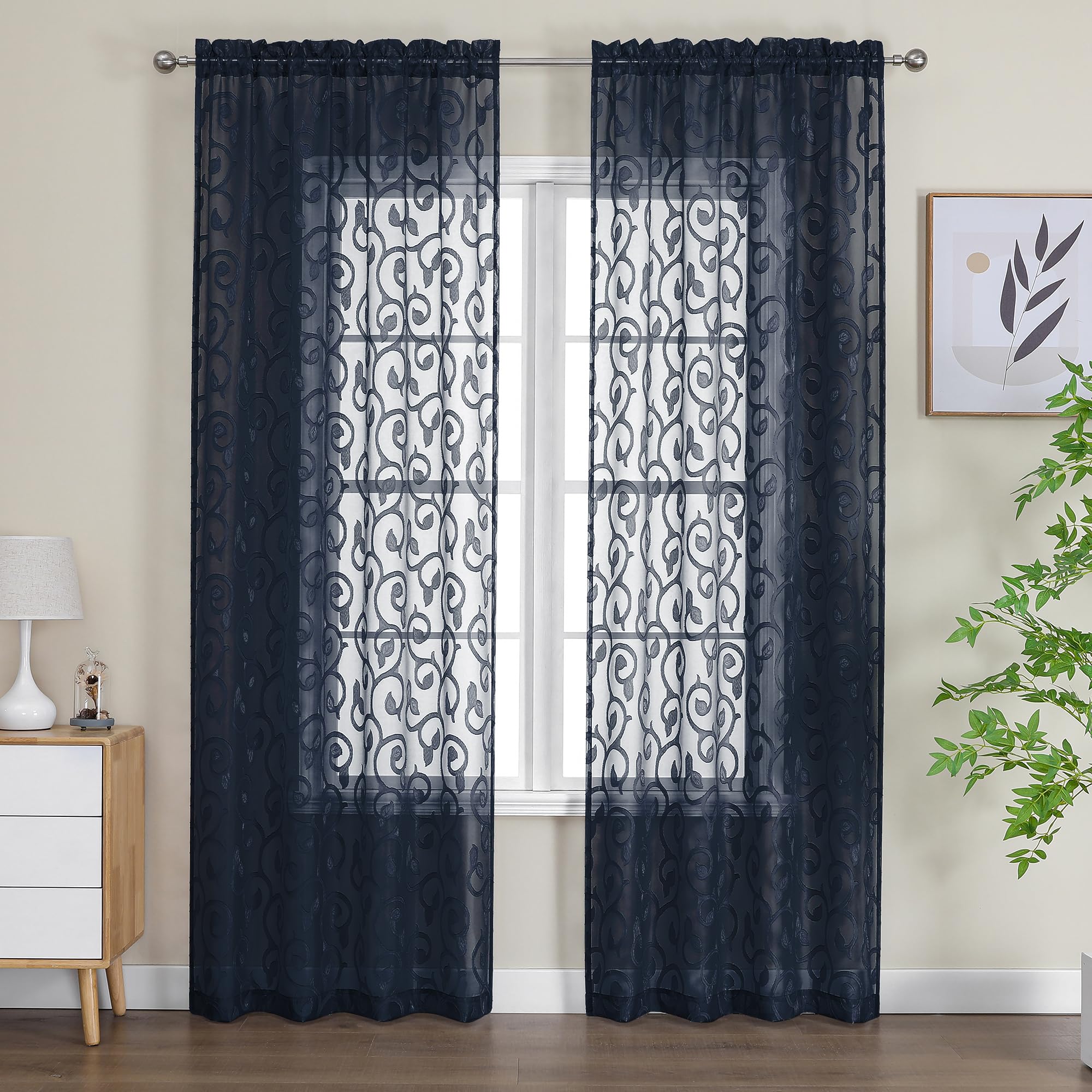 OWENIE Furman Set of 2 Extra Long Sheer Curtains 96" Long for Bedroom and Living Room, Lightweight and Airy Jacquard Curtains with Farmhouse Clips Style, Double Rod Pocket, Navy Blue, — image 1