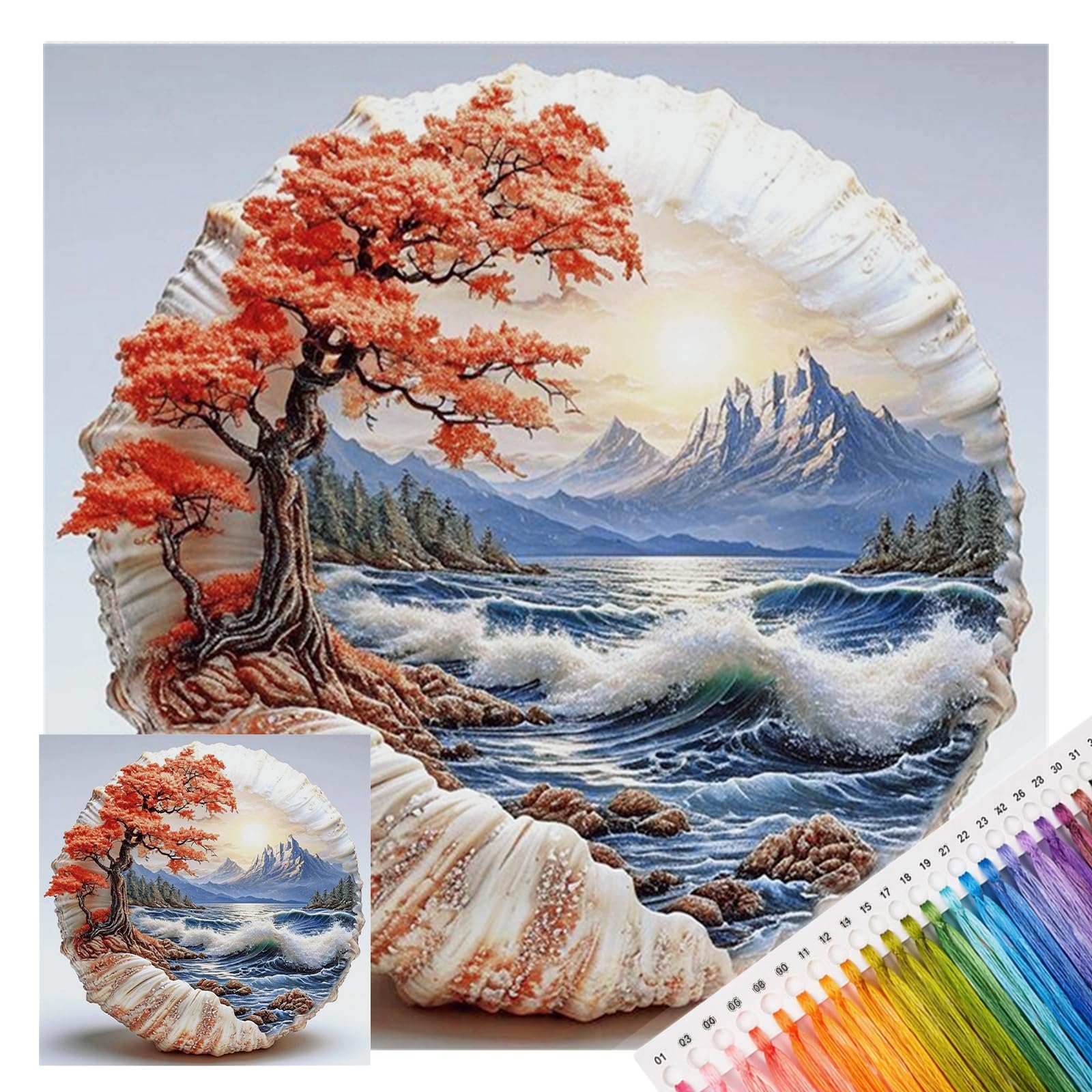 Poetrydraw Landscape Mountains And Seas Seashell Embroidery Kit, 14Ct, 2 Strands, Diy Cross Stitch Art, 11.81X11.81in, Starter Kit For Adults (Landscape)